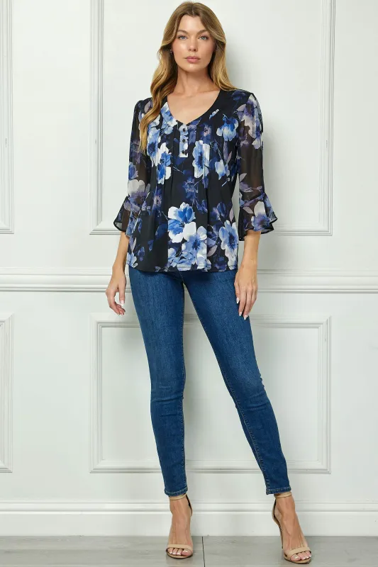 3/4 Ruffle Sleeve Pintuck V-Neck Popover Blouse in Blue sold by Dress Barn