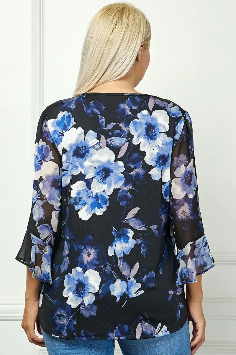 3/4 Ruffle Sleeve Pintuck V-Neck Popover Blouse in Blue - Plus sold by Dress Barn product image thumbnail 4