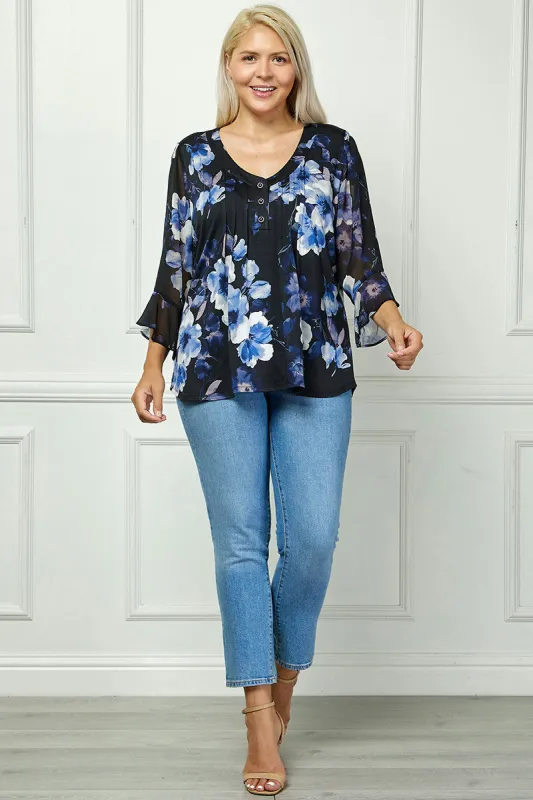 3/4 Ruffle Sleeve Pintuck V-Neck Popover Blouse in Blue - Plus sold by Dress Barn