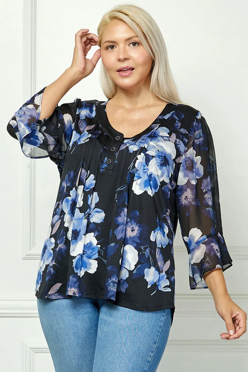 3/4 Ruffle Sleeve Pintuck V-Neck Popover Blouse in Blue - Plus sold by Dress Barn product image thumbnail 2