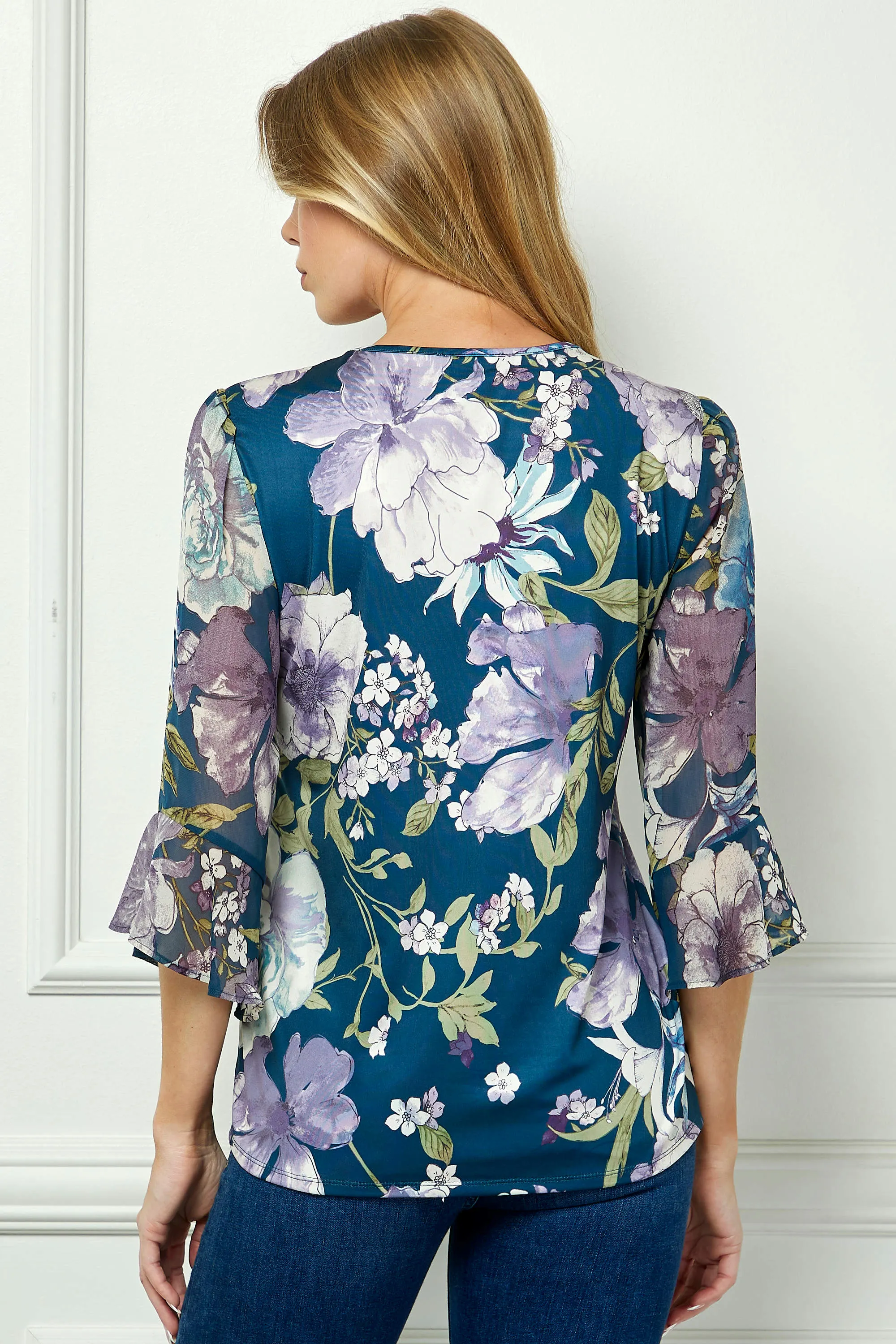 3/4 Ruffle Sleeve Pintuck V-Neck Popover Blouse in Teal sold by Dress Barn product image thumbnail 4