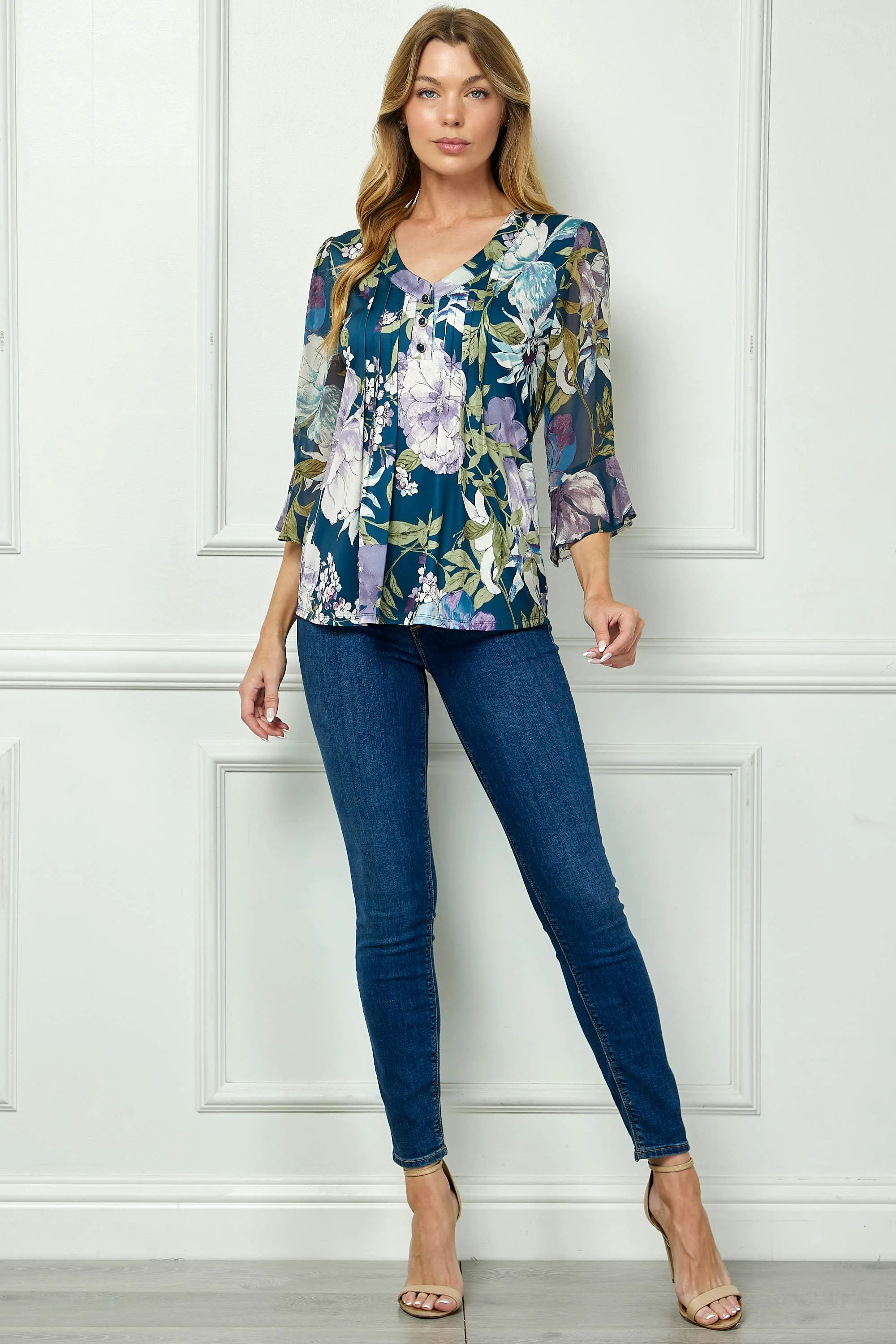 3/4 Ruffle Sleeve Pintuck V-Neck Popover Blouse in Teal sold by Dress Barn