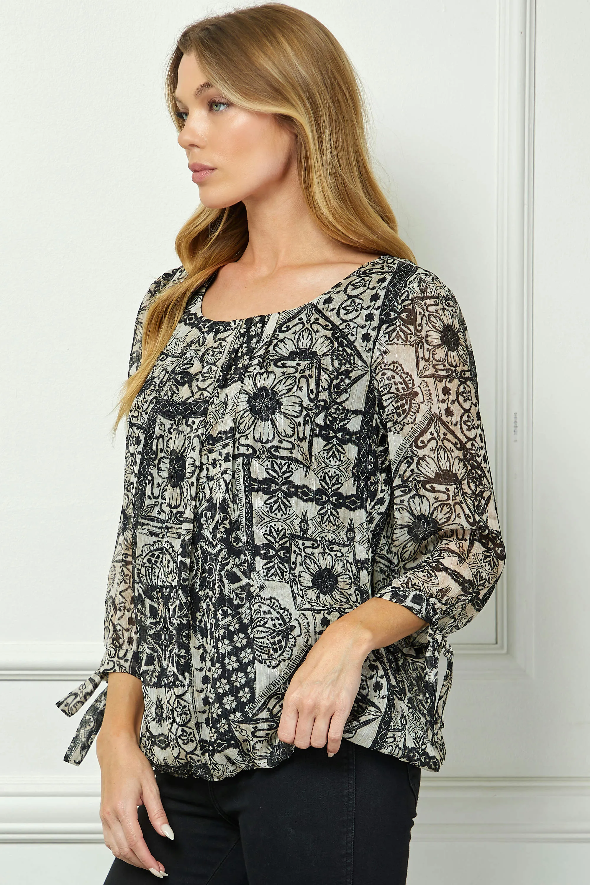 3/4 Tie Sleeve Pleat Neck Bubble Blouse in Black sold by Dress Barn product image thumbnail 3