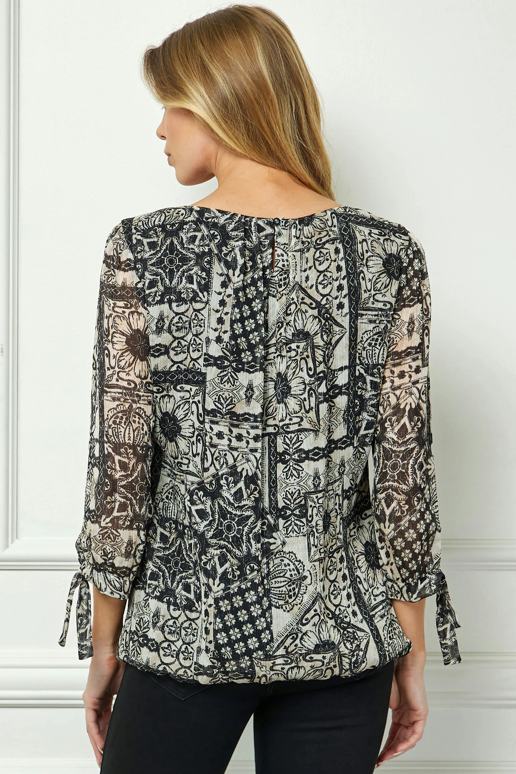 3/4 Tie Sleeve Pleat Neck Bubble Blouse in Black sold by Dress Barn product image thumbnail 4