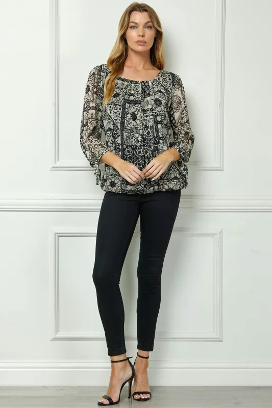 3/4 Tie Sleeve Pleat Neck Bubble Blouse in Black sold by Dress Barn