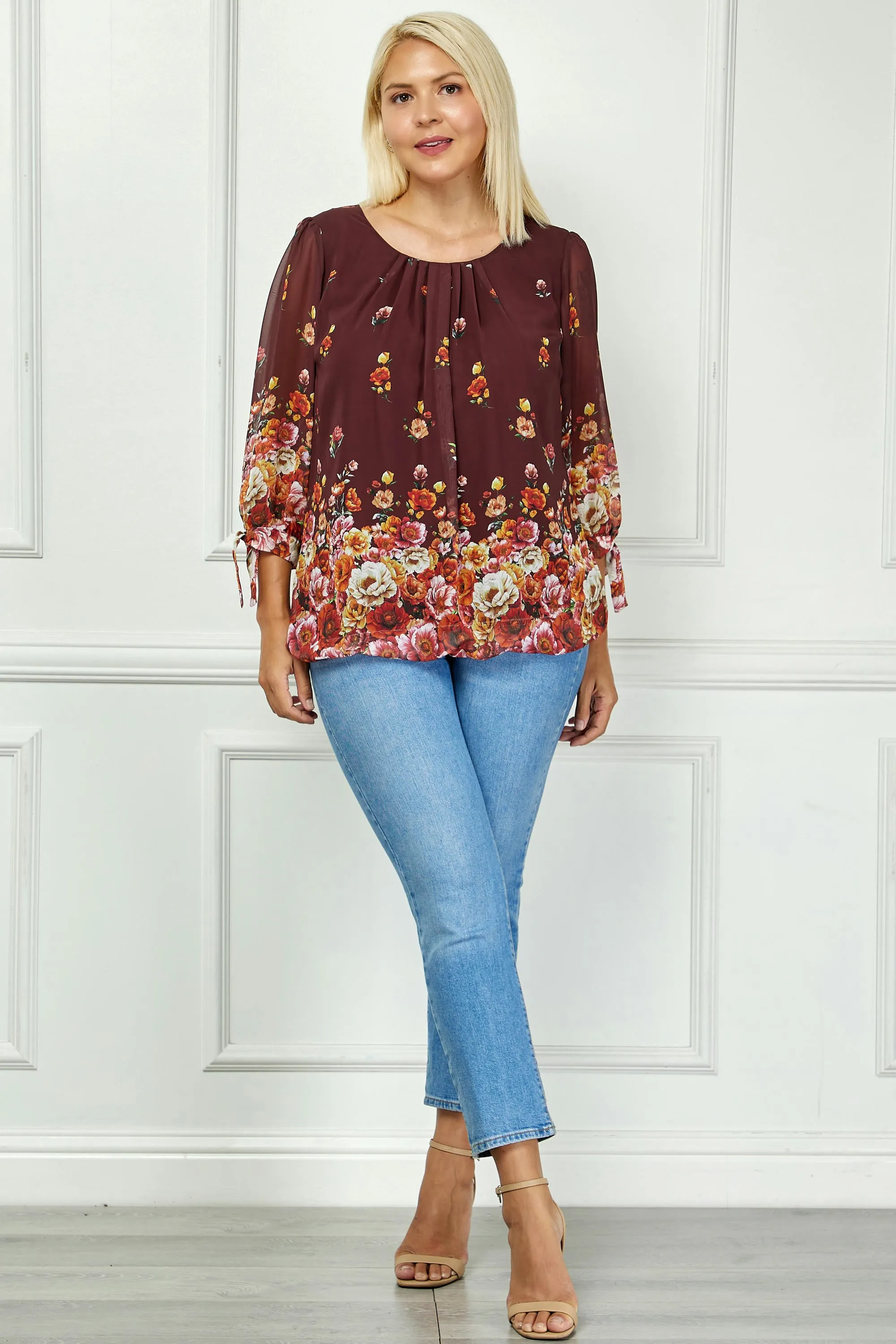 3/4 Tie Sleeve Pleat Neck Bubble Blouse in Burgundy - Plus sold by Dress Barn