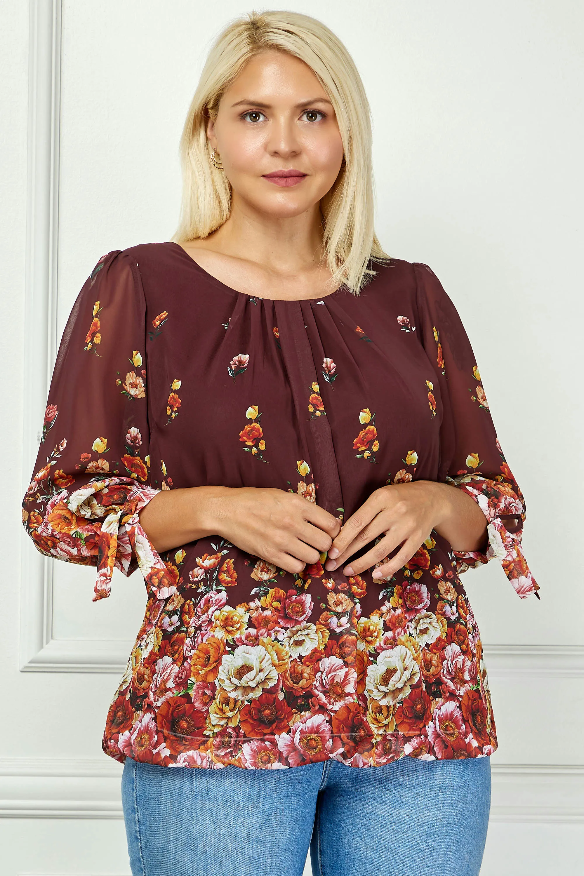 3/4 Tie Sleeve Pleat Neck Bubble Blouse in Burgundy - Plus sold by Dress Barn product image thumbnail 2