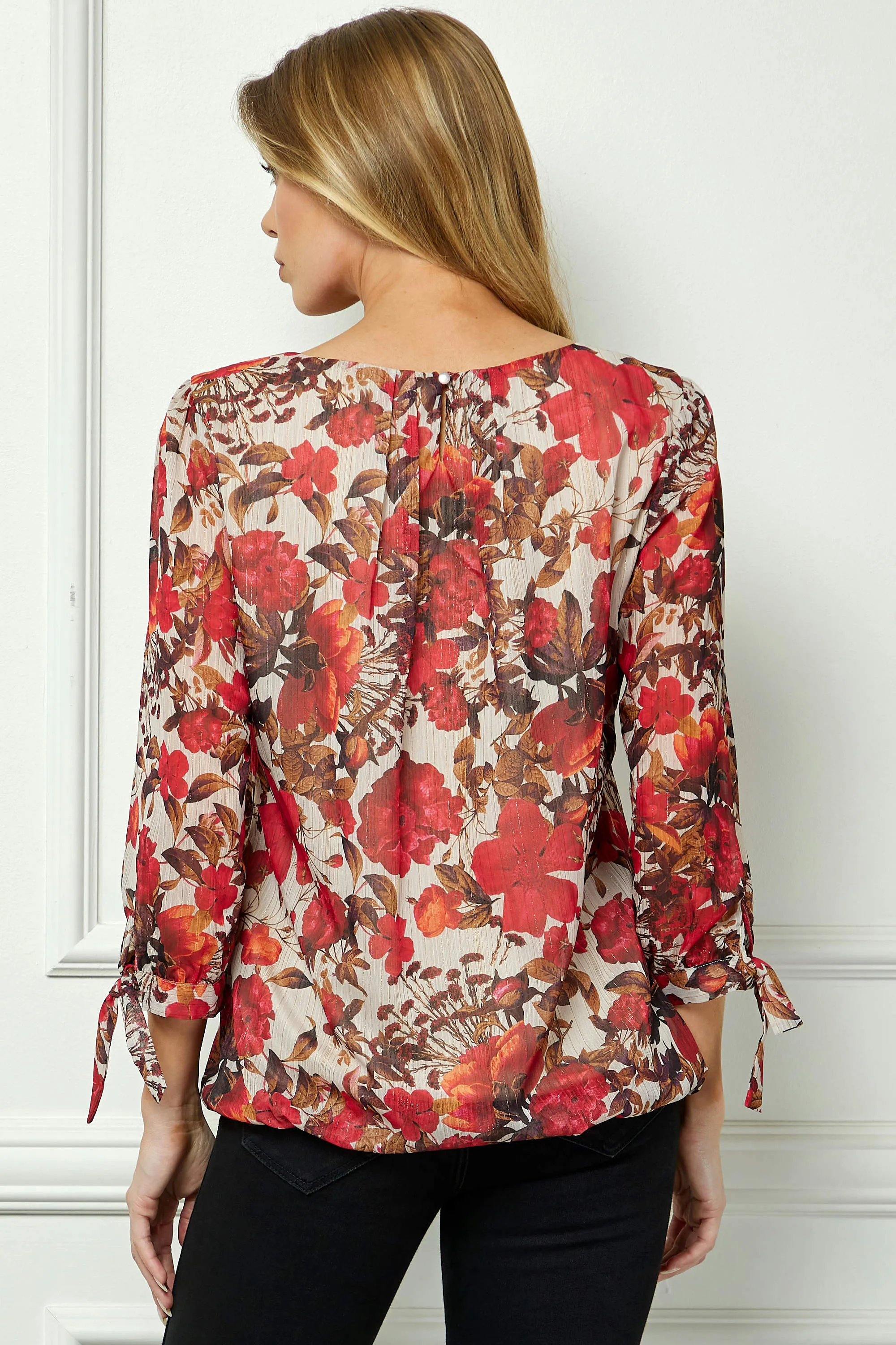 3/4 Tie Sleeve Pleat Neck Bubble Blouse in Red sold by Dress Barn product image thumbnail 4