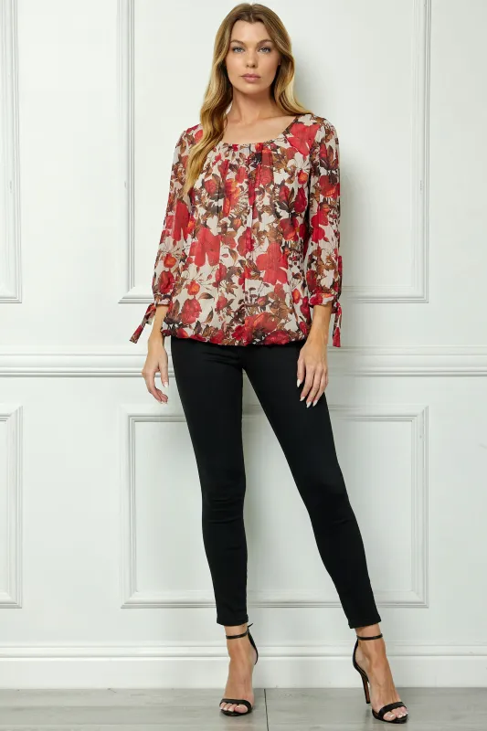 3/4 Tie Sleeve Pleat Neck Bubble Blouse in Red sold by Dress Barn