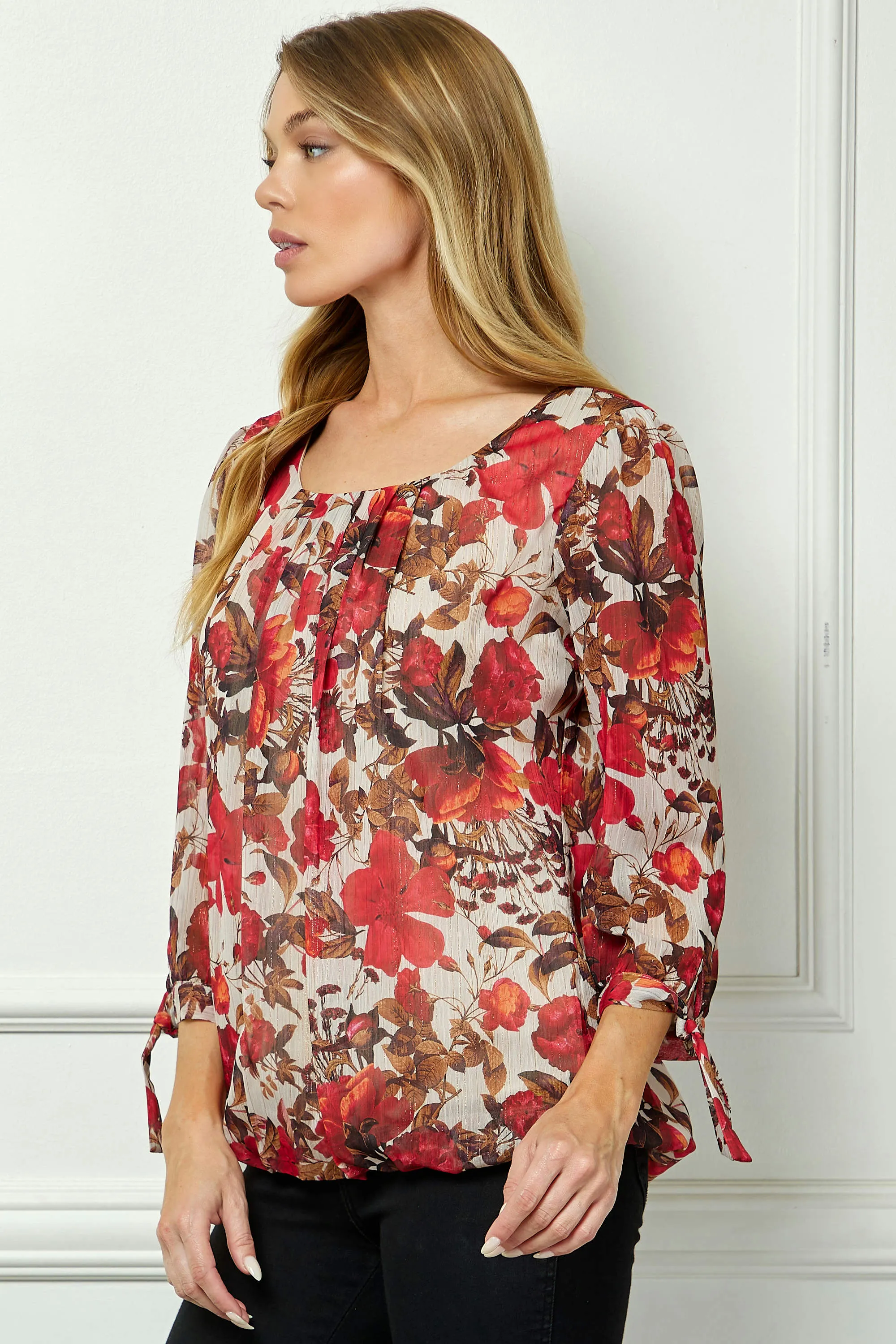 3/4 Tie Sleeve Pleat Neck Bubble Blouse in Red sold by Dress Barn product image thumbnail 3