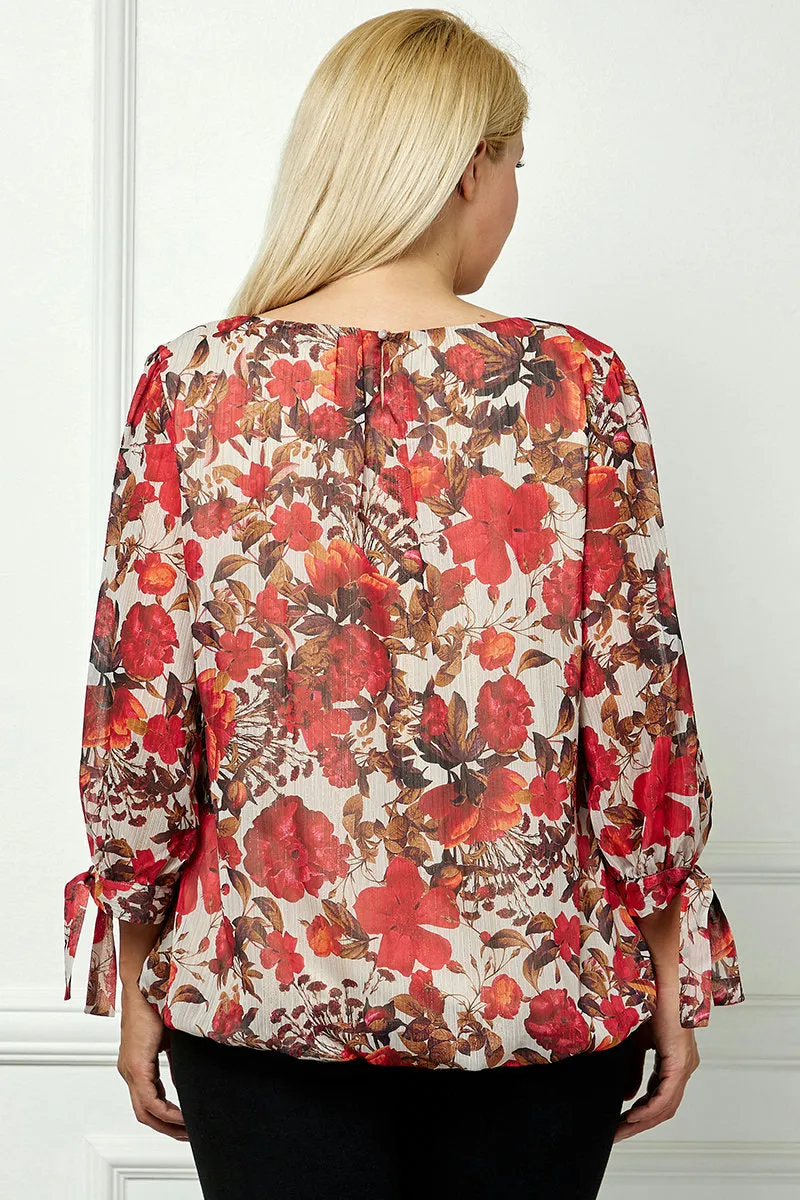3/4 Tie Sleeve Pleat Neck Bubble Blouse in Red - Plus sold by Dress Barn product image thumbnail 4