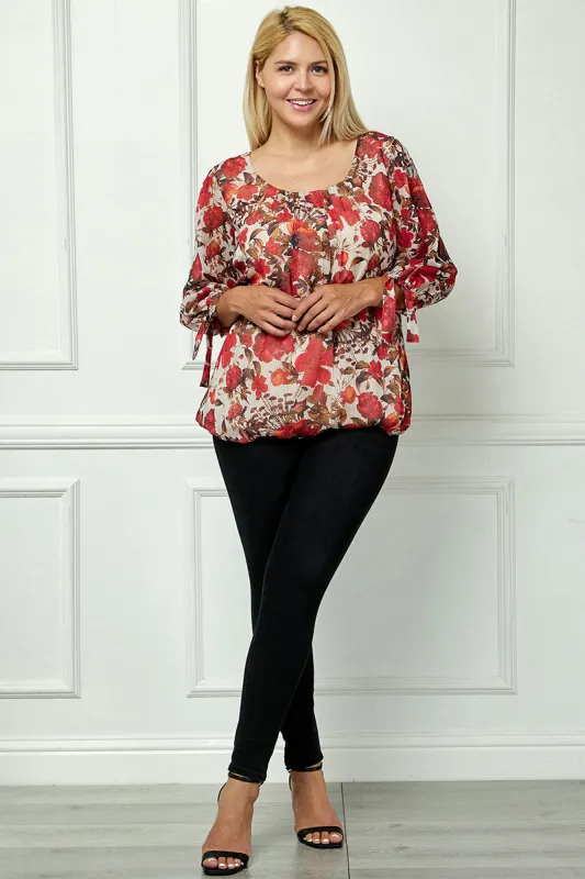 3/4 Tie Sleeve Pleat Neck Bubble Blouse in Red - Plus sold by Dress Barn