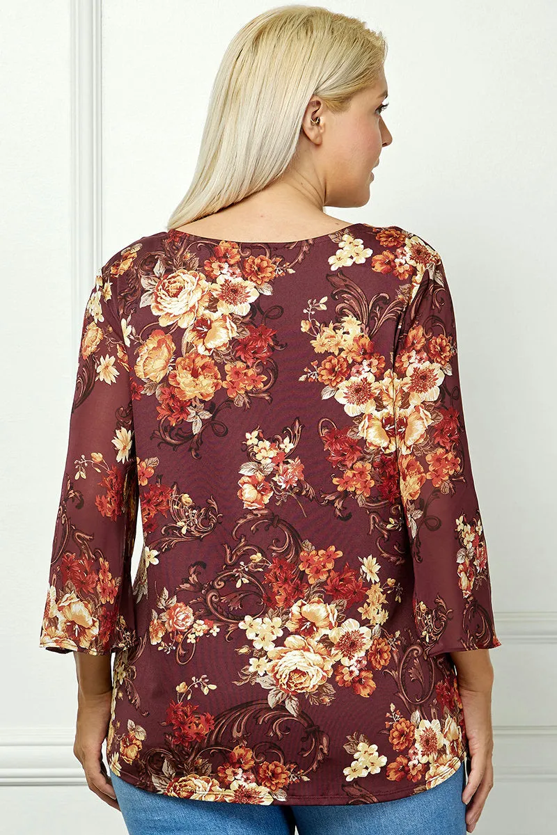 Vintage Rose 3/4 Flare Sleeve Cutout Trim Mix Media Blouse in Burgundy - Plus sold by Dress Barn product image thumbnail 4