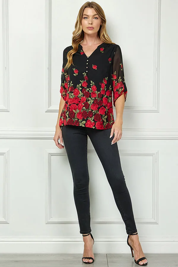 3/4 Button Tab Sleeve Mandarin Collar Popover Blouse in Black sold by Dress Barn