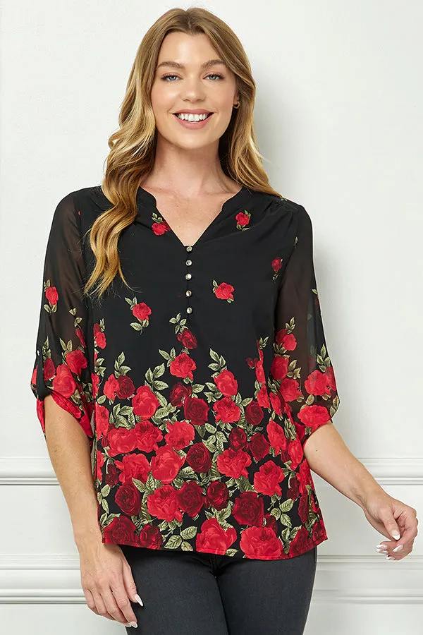 3/4 Button Tab Sleeve Mandarin Collar Popover Blouse in Black sold by Dress Barn product image thumbnail 2