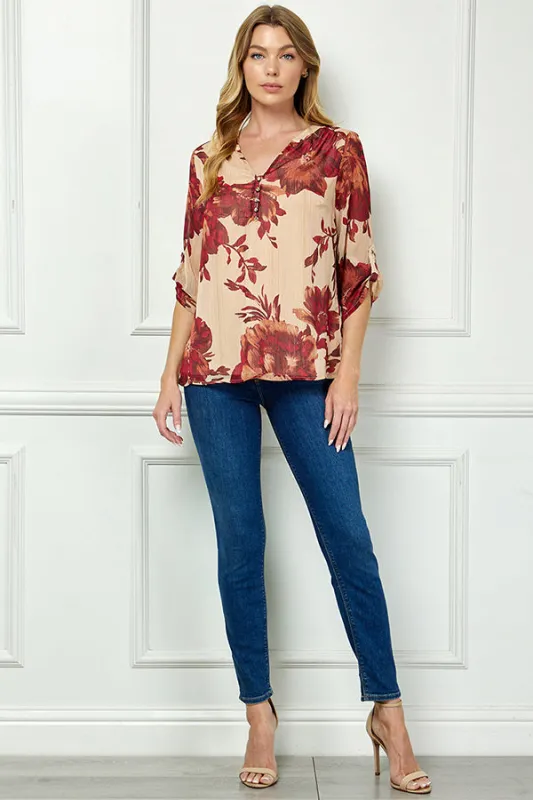 3/4 Button Tab Sleeve Mandarin Collar Popover Blouse in Taupe sold by Dress Barn