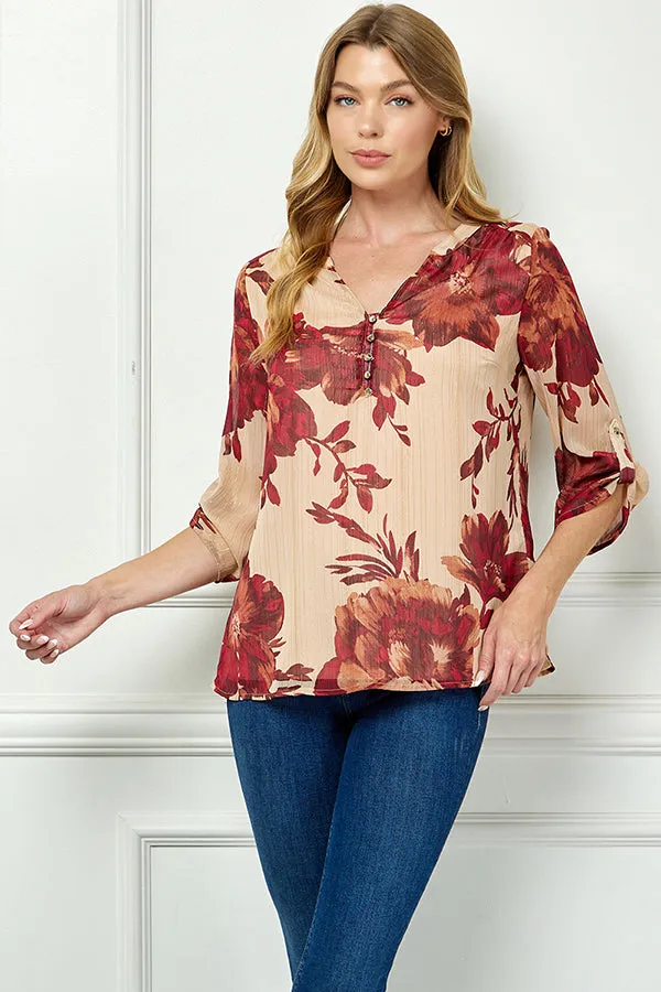 3/4 Button Tab Sleeve Mandarin Collar Popover Blouse in Taupe sold by Dress Barn product image thumbnail 2