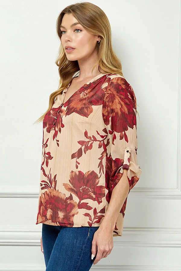 3/4 Button Tab Sleeve Mandarin Collar Popover Blouse in Taupe sold by Dress Barn product image thumbnail 3