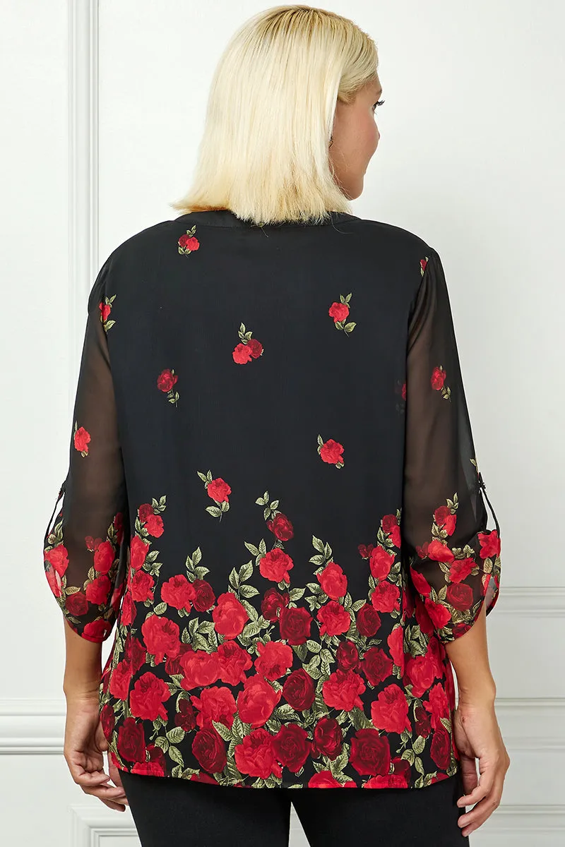 3/4 Button Tab Sleeve Mandarin Collar Popover Blouse in Black - Plus sold by Dress Barn product image thumbnail 4