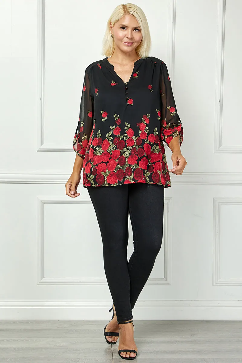3/4 Button Tab Sleeve Mandarin Collar Popover Blouse in Black - Plus sold by Dress Barn
