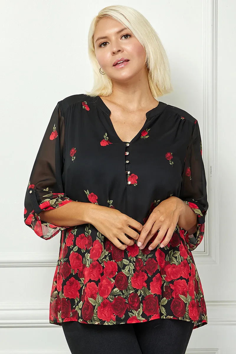 3/4 Button Tab Sleeve Mandarin Collar Popover Blouse in Black - Plus sold by Dress Barn product image thumbnail 2