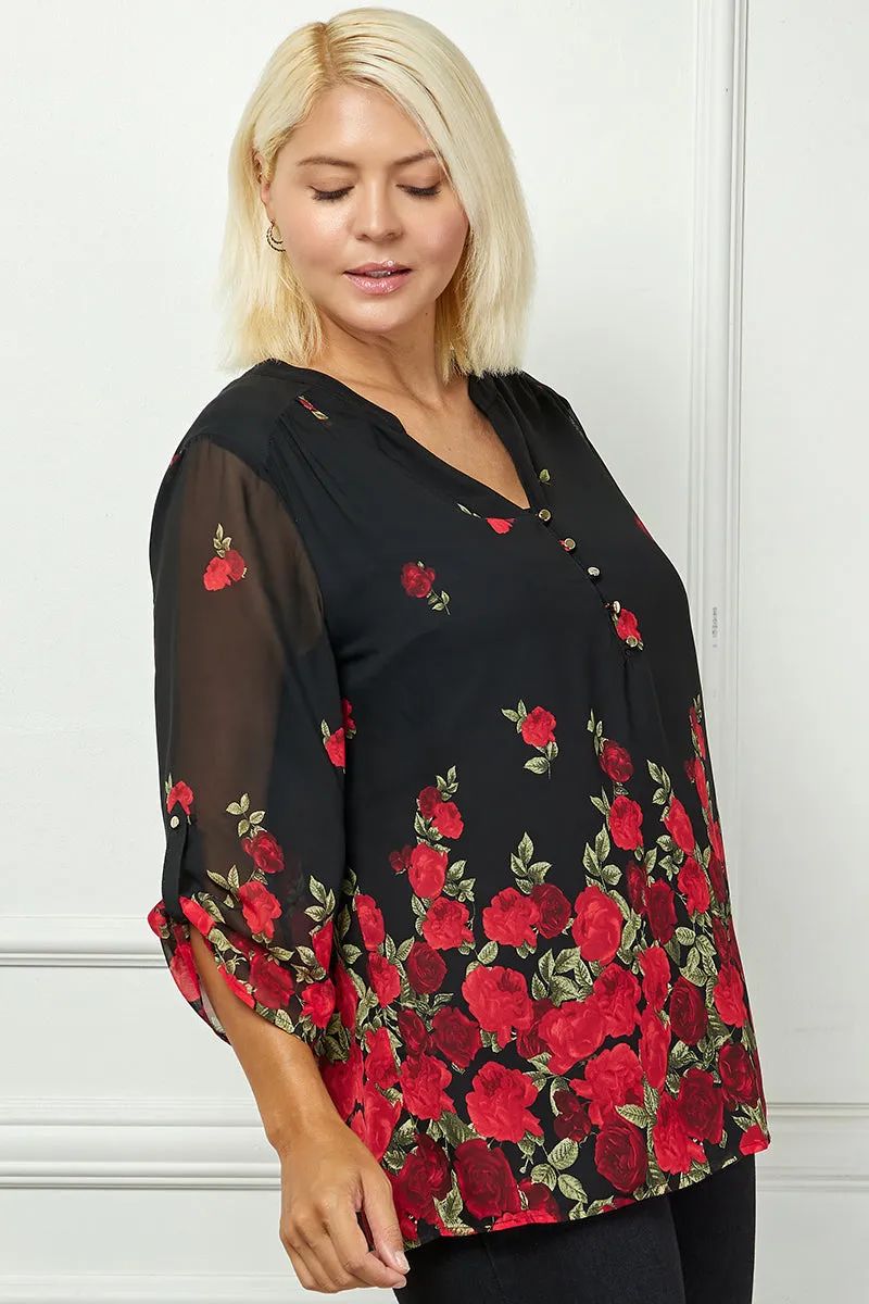 3/4 Button Tab Sleeve Mandarin Collar Popover Blouse in Black - Plus sold by Dress Barn product image thumbnail 3