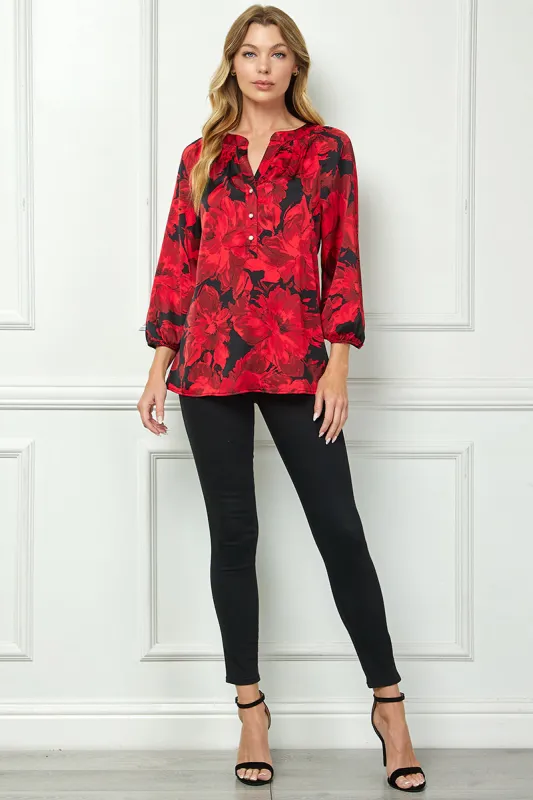 3/4 Elastic Cuff Sleeve Mandarin Collar Popover Blouse in Red sold by Dress Barn