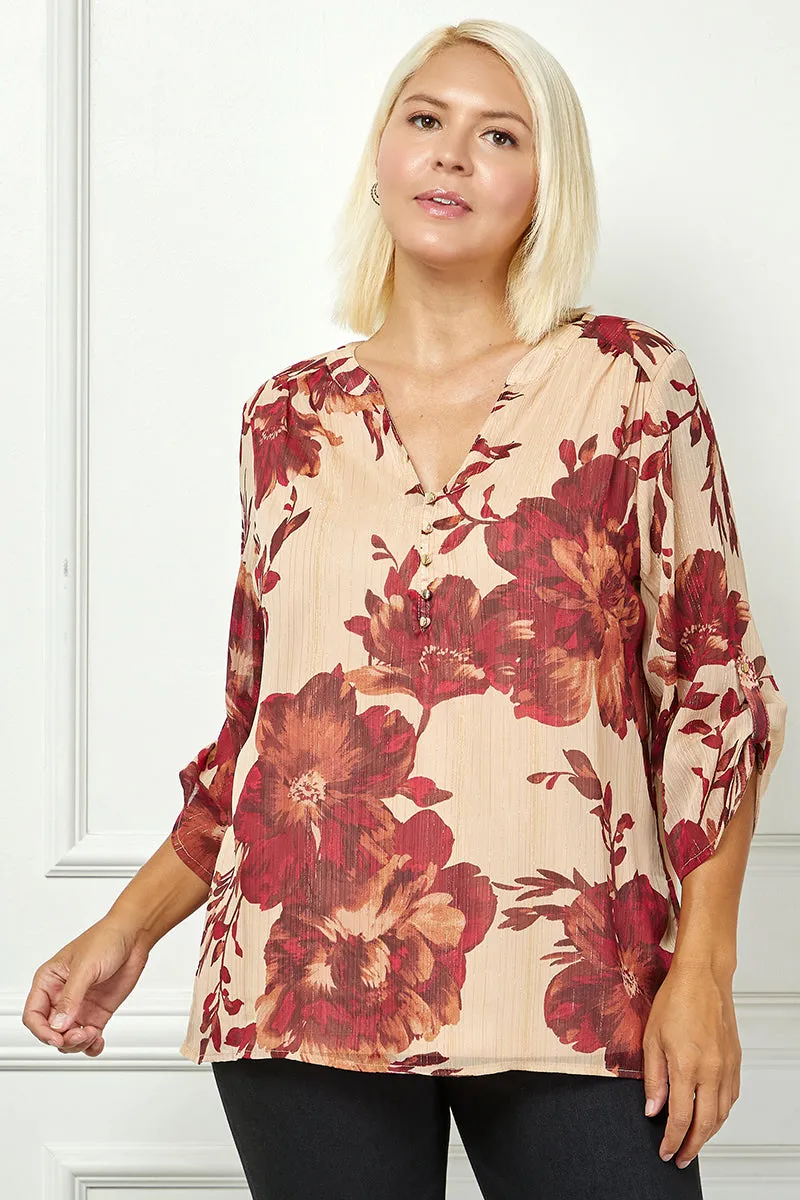 3/4 Button Tab Sleeve Mandarin Collar Popover Blouse in Taupe - Plus sold by Dress Barn product image thumbnail 2