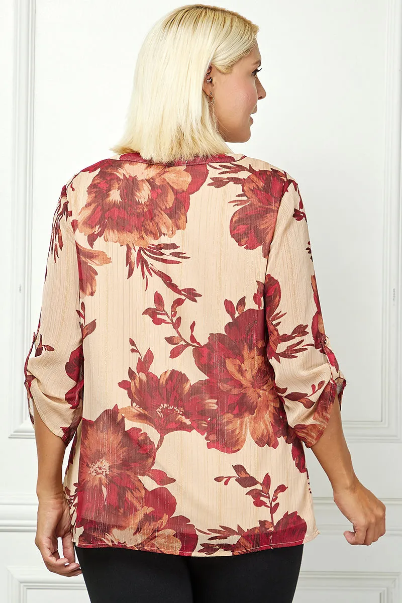 3/4 Button Tab Sleeve Mandarin Collar Popover Blouse in Taupe - Plus sold by Dress Barn product image thumbnail 4