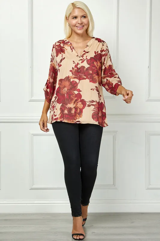 3/4 Button Tab Sleeve Mandarin Collar Popover Blouse in Taupe - Plus sold by Dress Barn