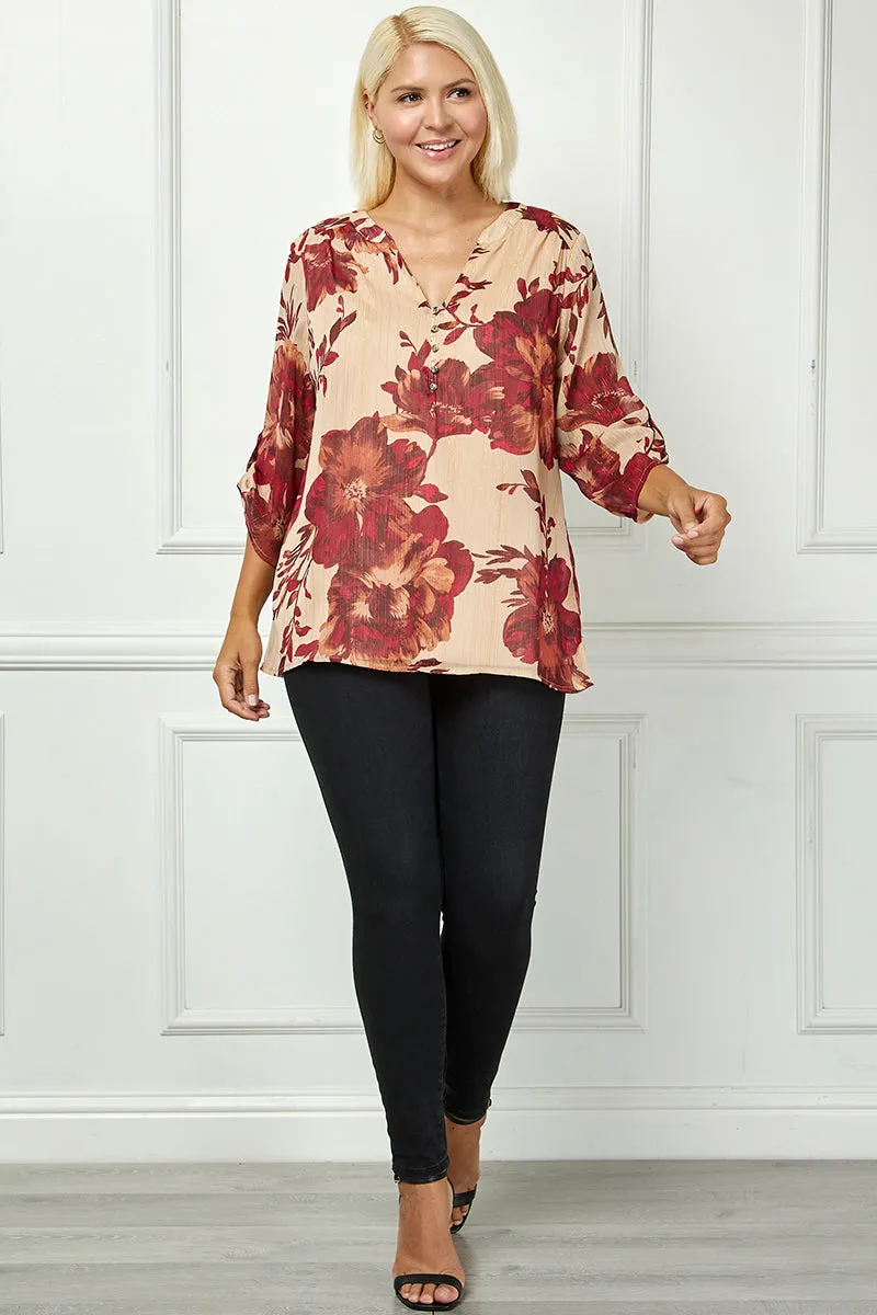 3/4 Button Tab Sleeve Mandarin Collar Popover Blouse in Taupe - Plus sold by Dress Barn