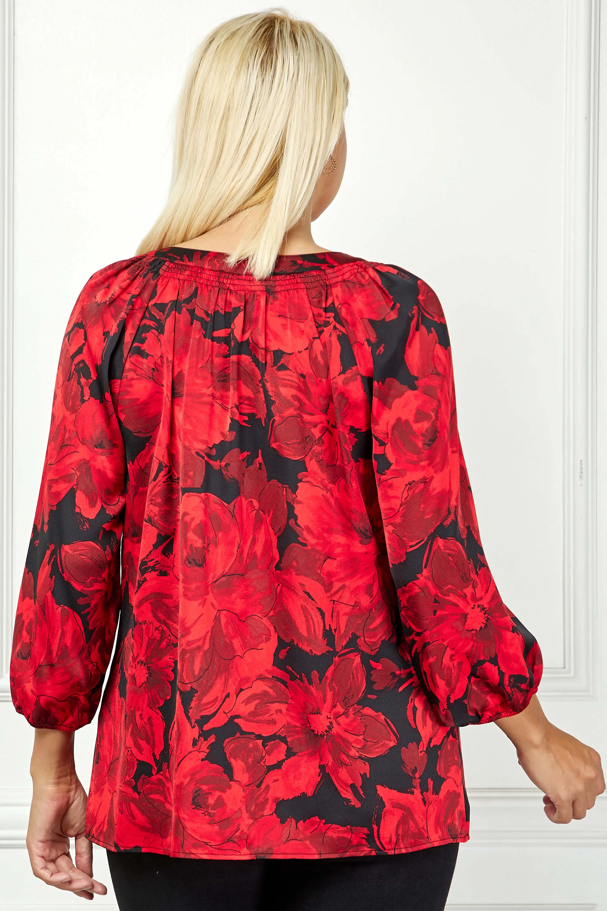 3/4 Elastic Cuff Sleeve Mandarin Collar Popover Blouse in Red -Plus sold by Dress Barn product image thumbnail 4