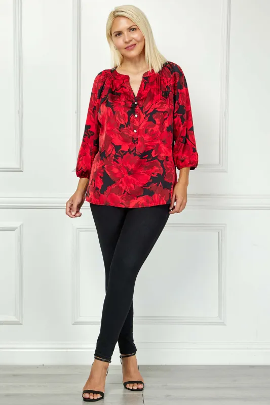 3/4 Elastic Cuff Sleeve Mandarin Collar Popover Blouse in Red -Plus sold by Dress Barn