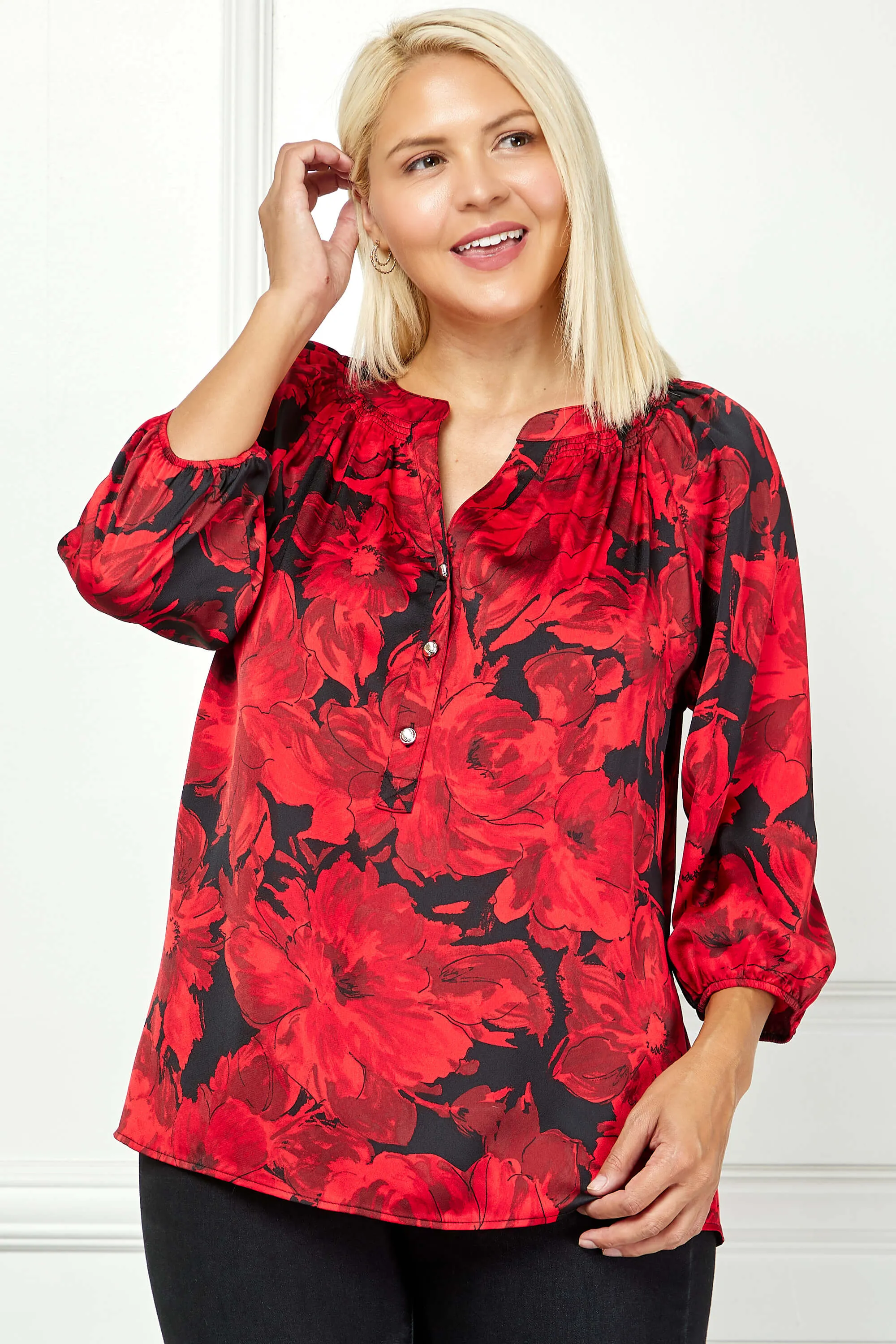 3/4 Elastic Cuff Sleeve Mandarin Collar Popover Blouse in Red -Plus sold by Dress Barn product image thumbnail 2