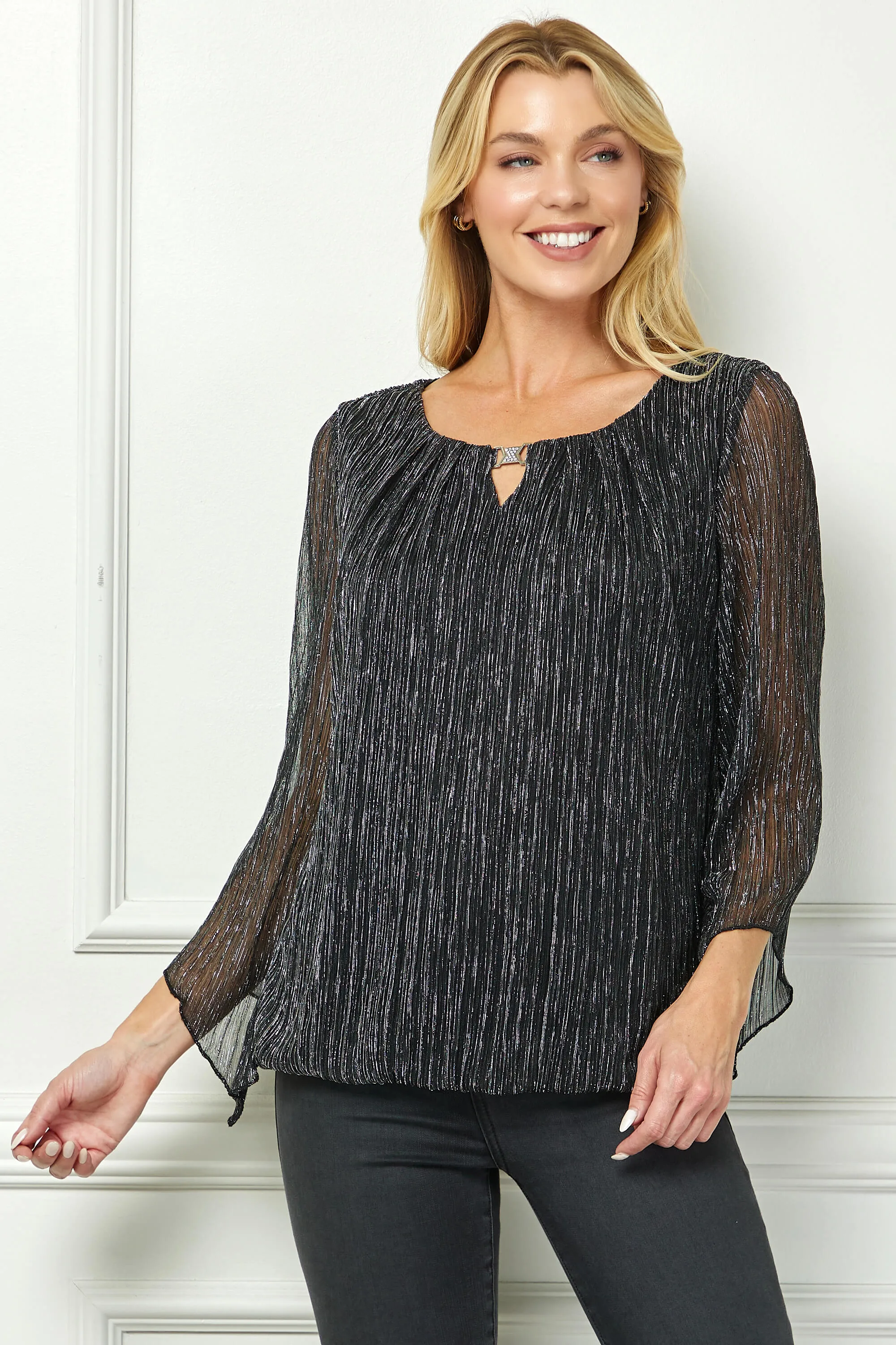 3/4 Flare Sleeve Cutout Neck Bubble Blouse in Black sold by Dress Barn product image thumbnail 2