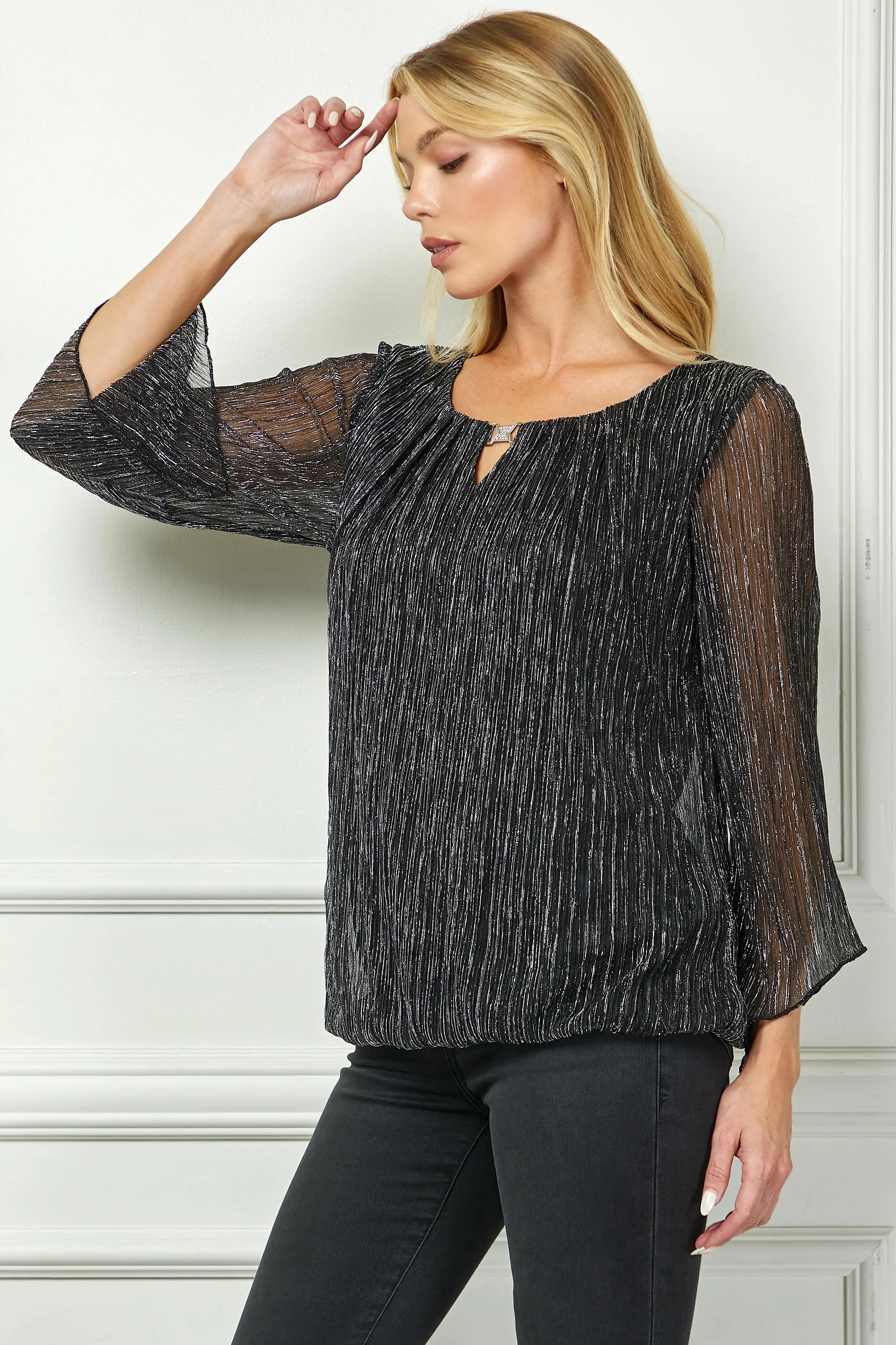 3/4 Flare Sleeve Cutout Neck Bubble Blouse in Black sold by Dress Barn product image thumbnail 3