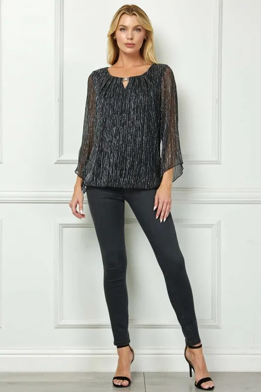 3/4 Flare Sleeve Cutout Neck Bubble Blouse in Black sold by Dress Barn