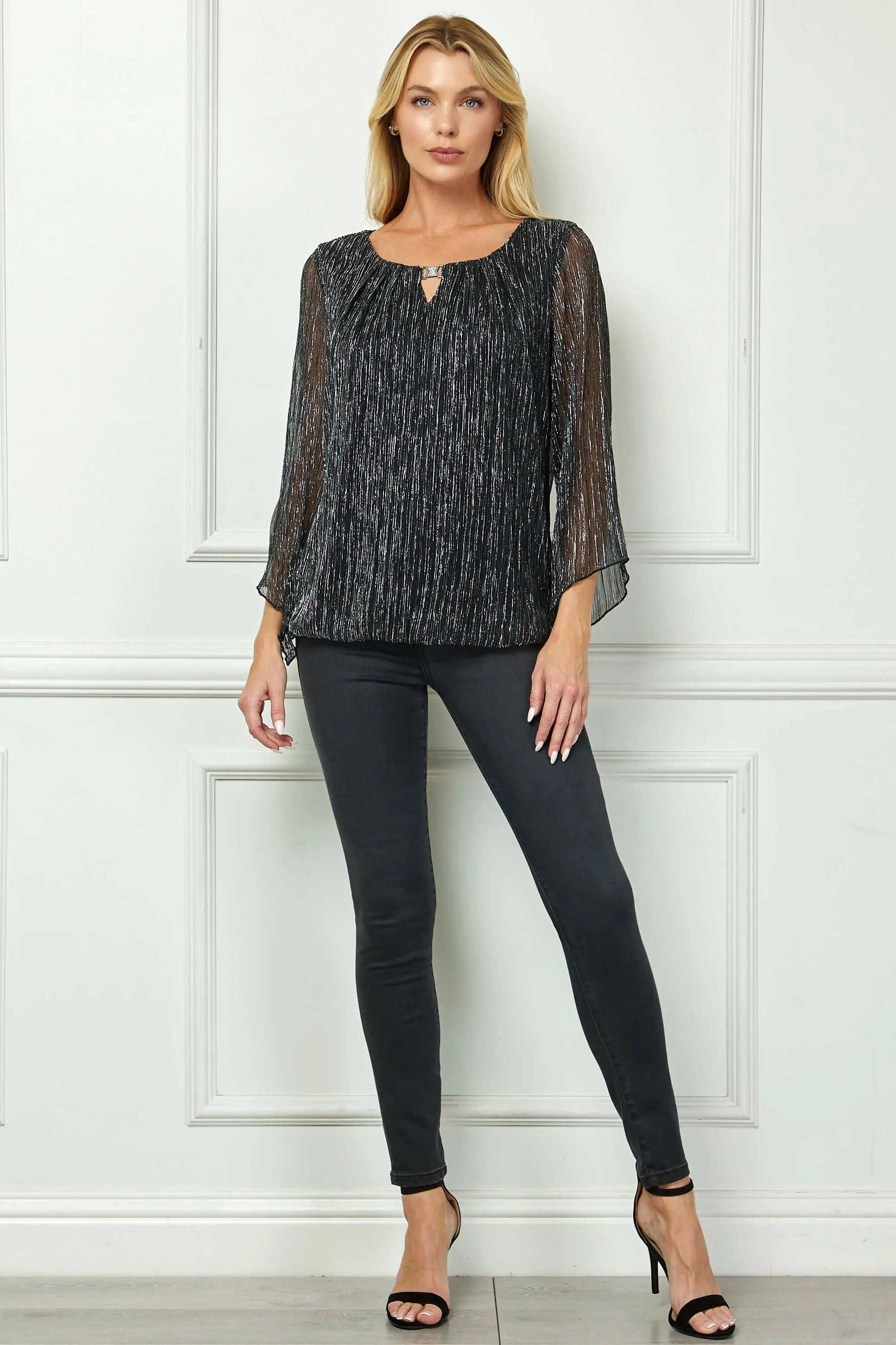 3/4 Flare Sleeve Cutout Neck Bubble Blouse in Black sold by Dress Barn