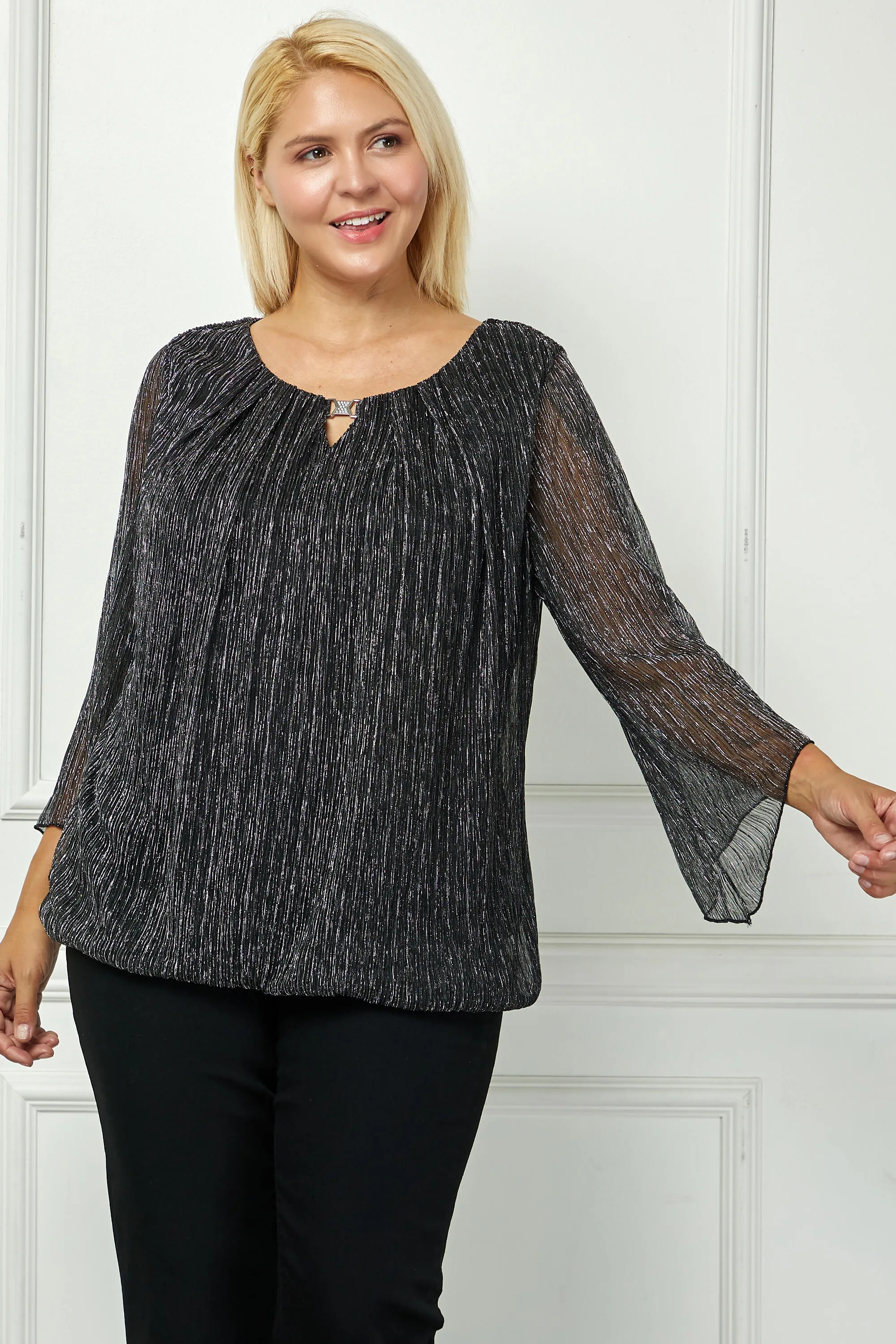 3/4 Flare Sleeve Cutout Neck Bubble Blouse in Black - Plus sold by Dress Barn product image thumbnail 2