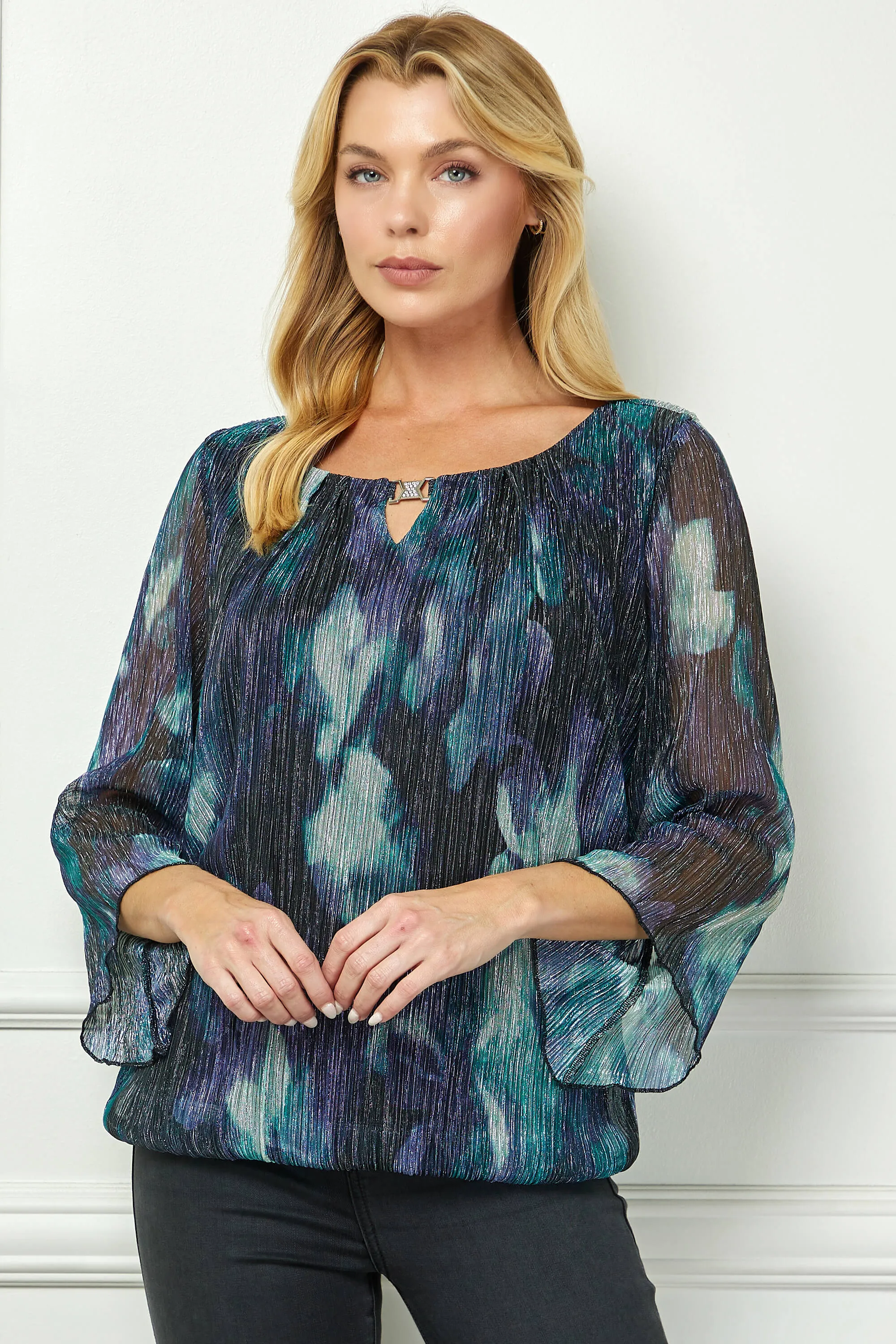 3/4 Flare Sleeve Cutout Neck Bubble Blouse in Blue sold by Dress Barn product image thumbnail 2