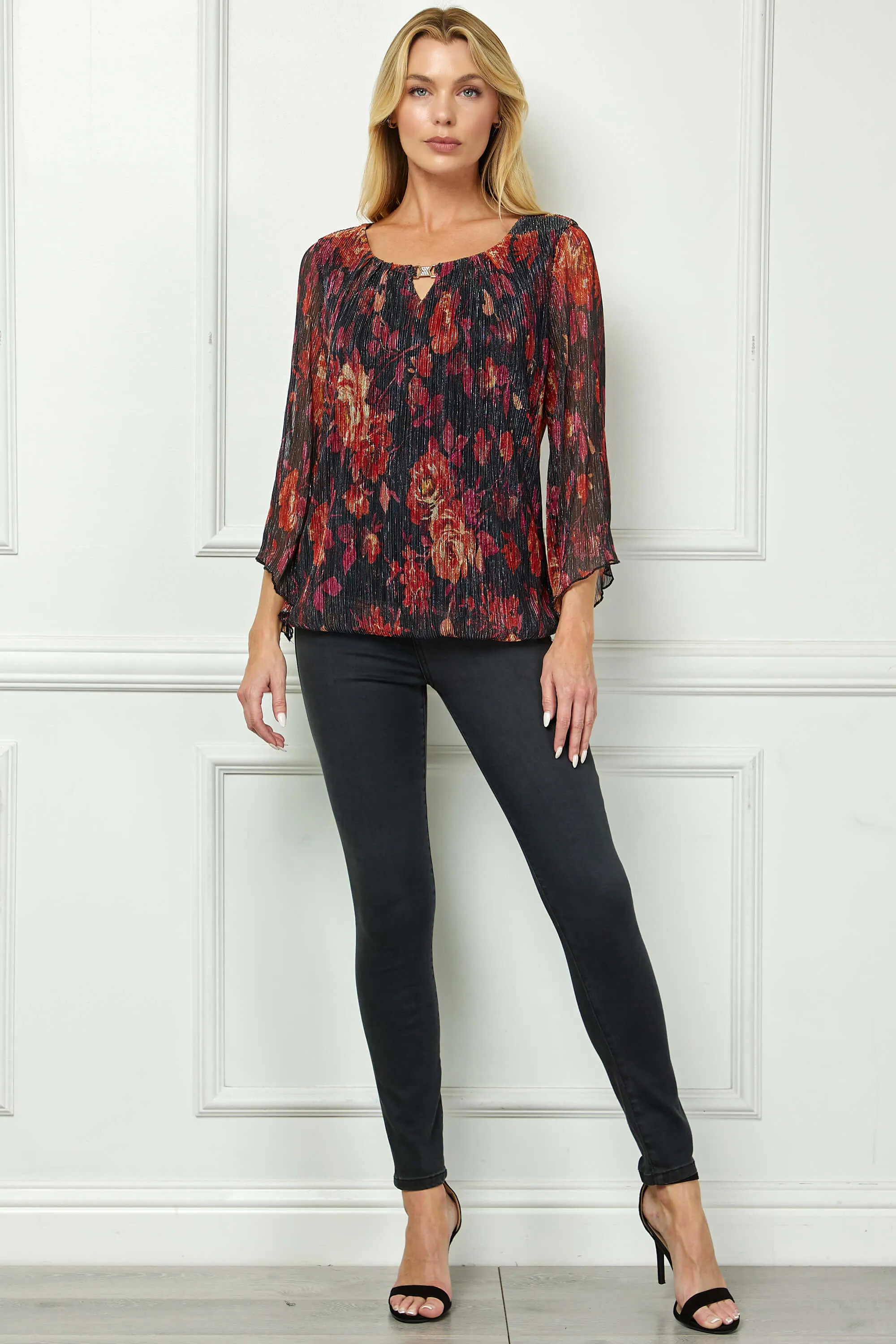 3/4 Flare Sleeve Cutout Neck Bubble Blouse in Red sold by Dress Barn