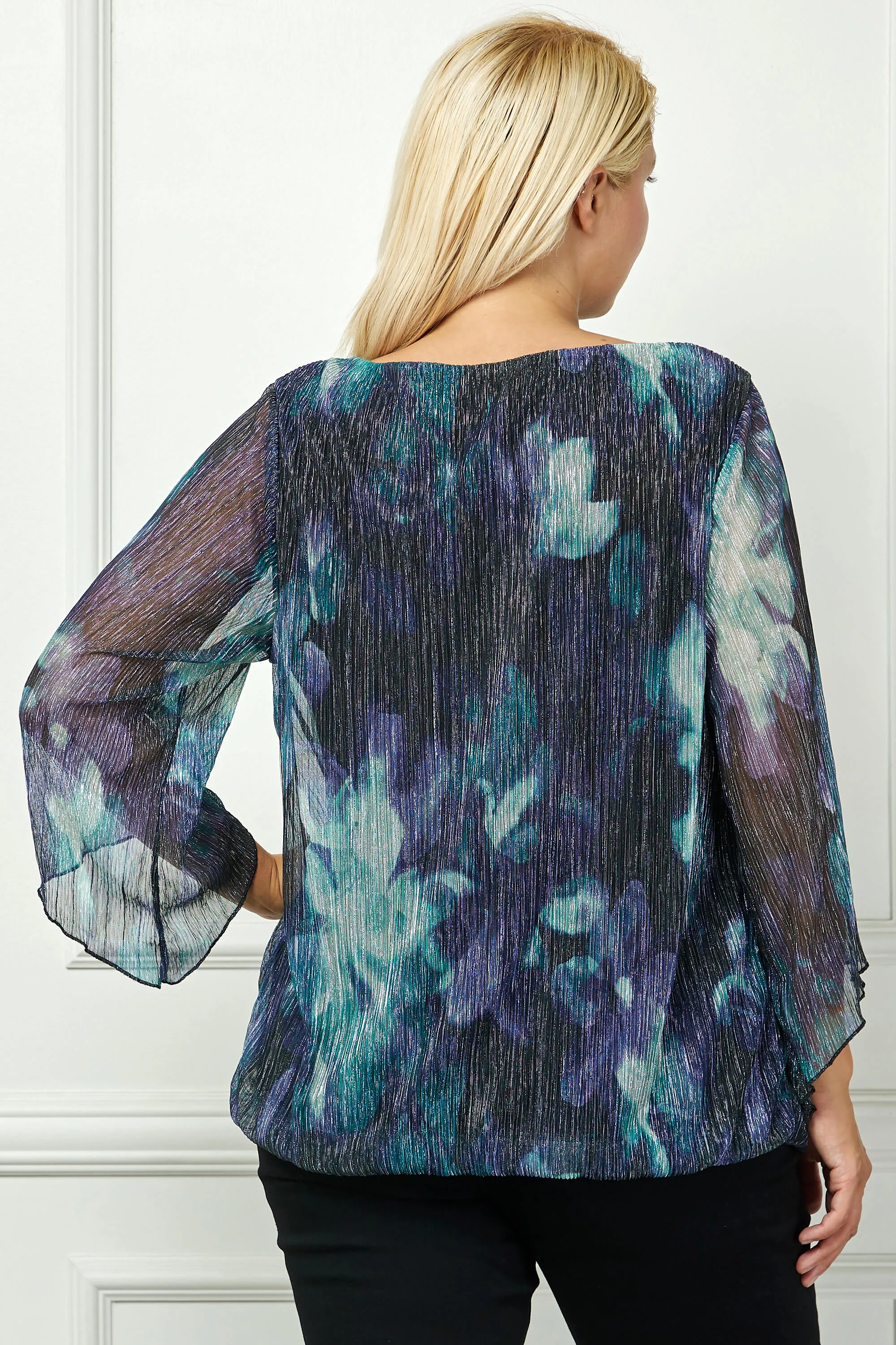 3/4 Flare Sleeve Cutout Neck Bubble Blouse in Blue - Plus sold by Dress Barn product image thumbnail 4