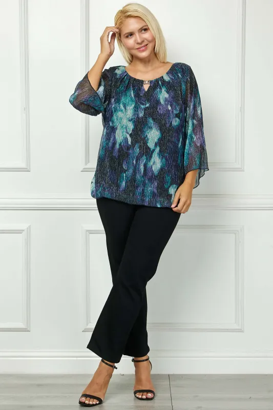 3/4 Flare Sleeve Cutout Neck Bubble Blouse in Blue - Plus sold by Dress Barn