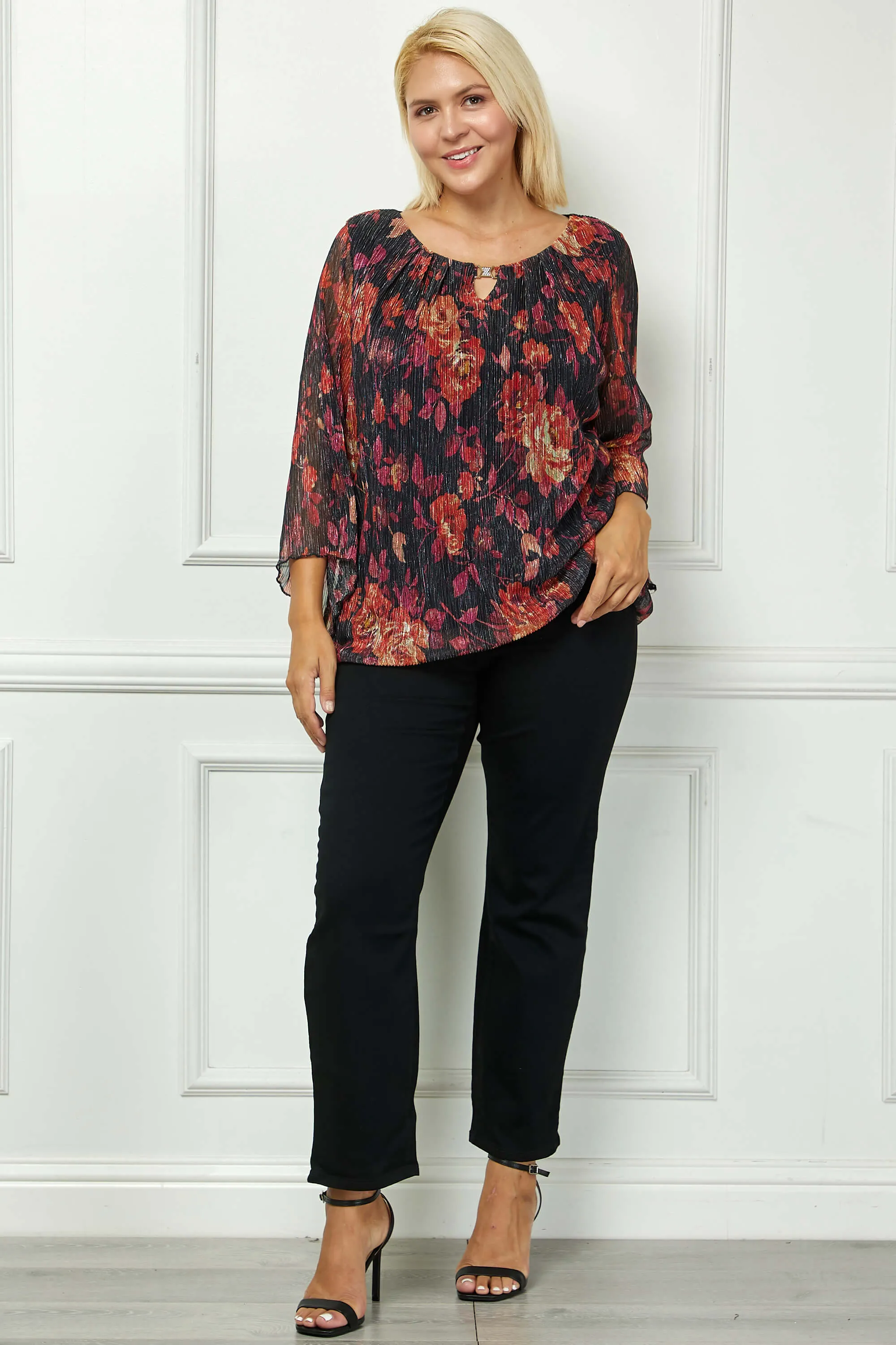 3/4 Flare Sleeve Cutout Neck Bubble Blouse in Red -Plus sold by Dress Barn