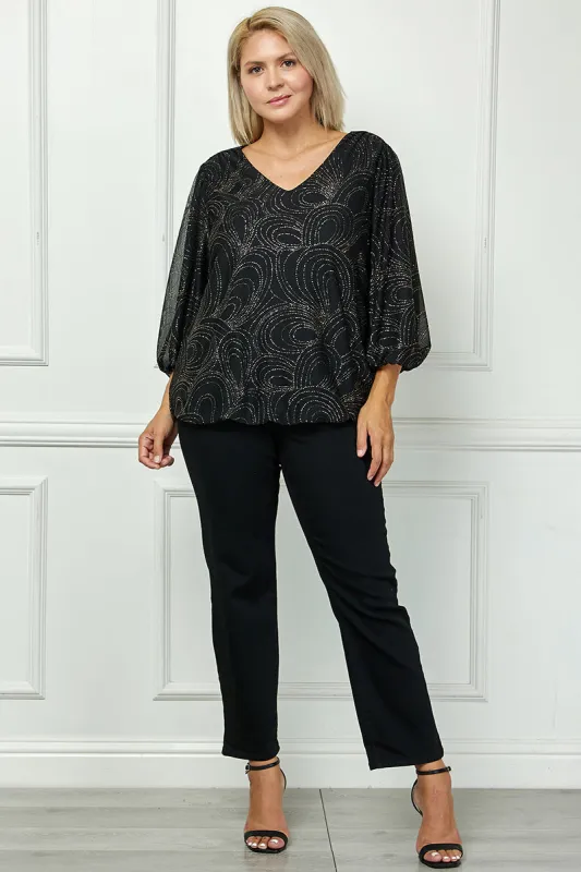 3/4 Puff Sleeve V-Neck Bubble Blouse in Black - Plus made by Dress Barn