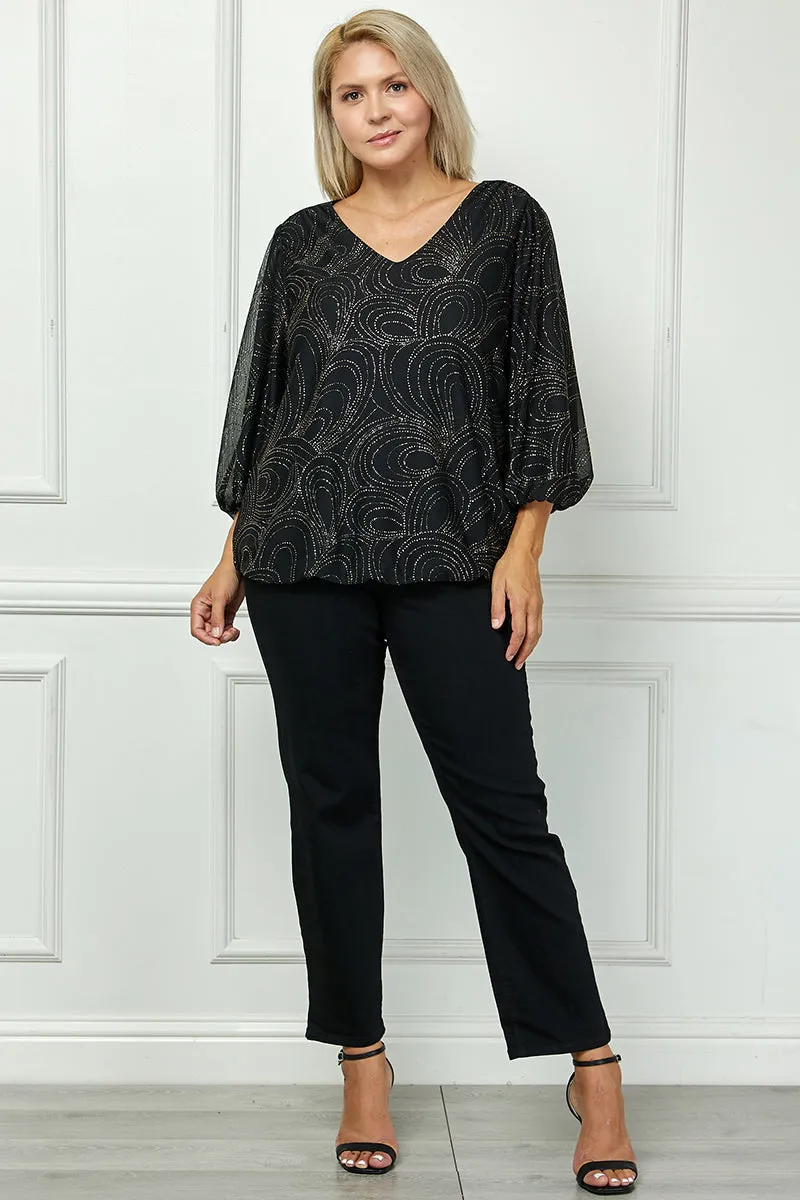 3/4 Puff Sleeve V-Neck Bubble Blouse in Black - Plus sold by Dress Barn