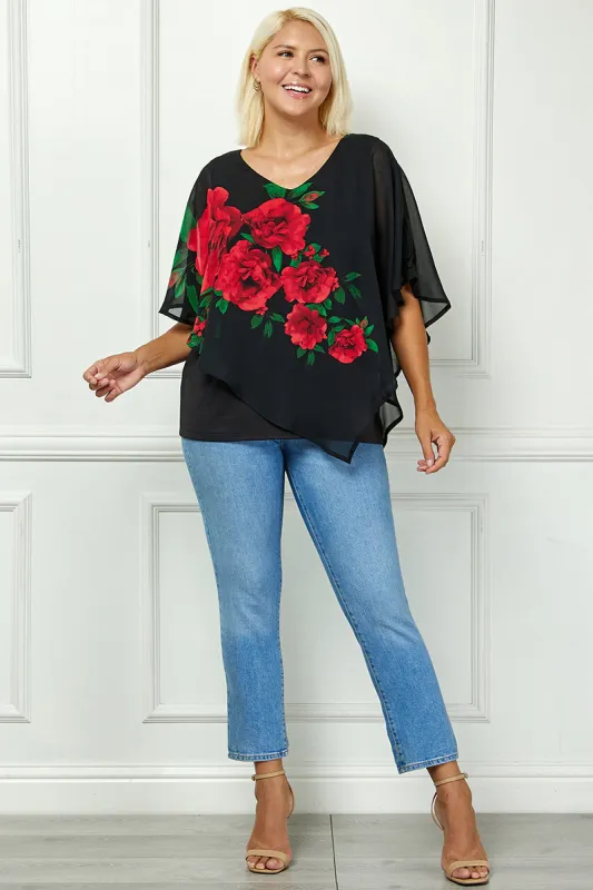 Cold Shoulder Tie Sleeve Poncho with V-neck Tank Blouse in Red -Plus sold by Dress Barn