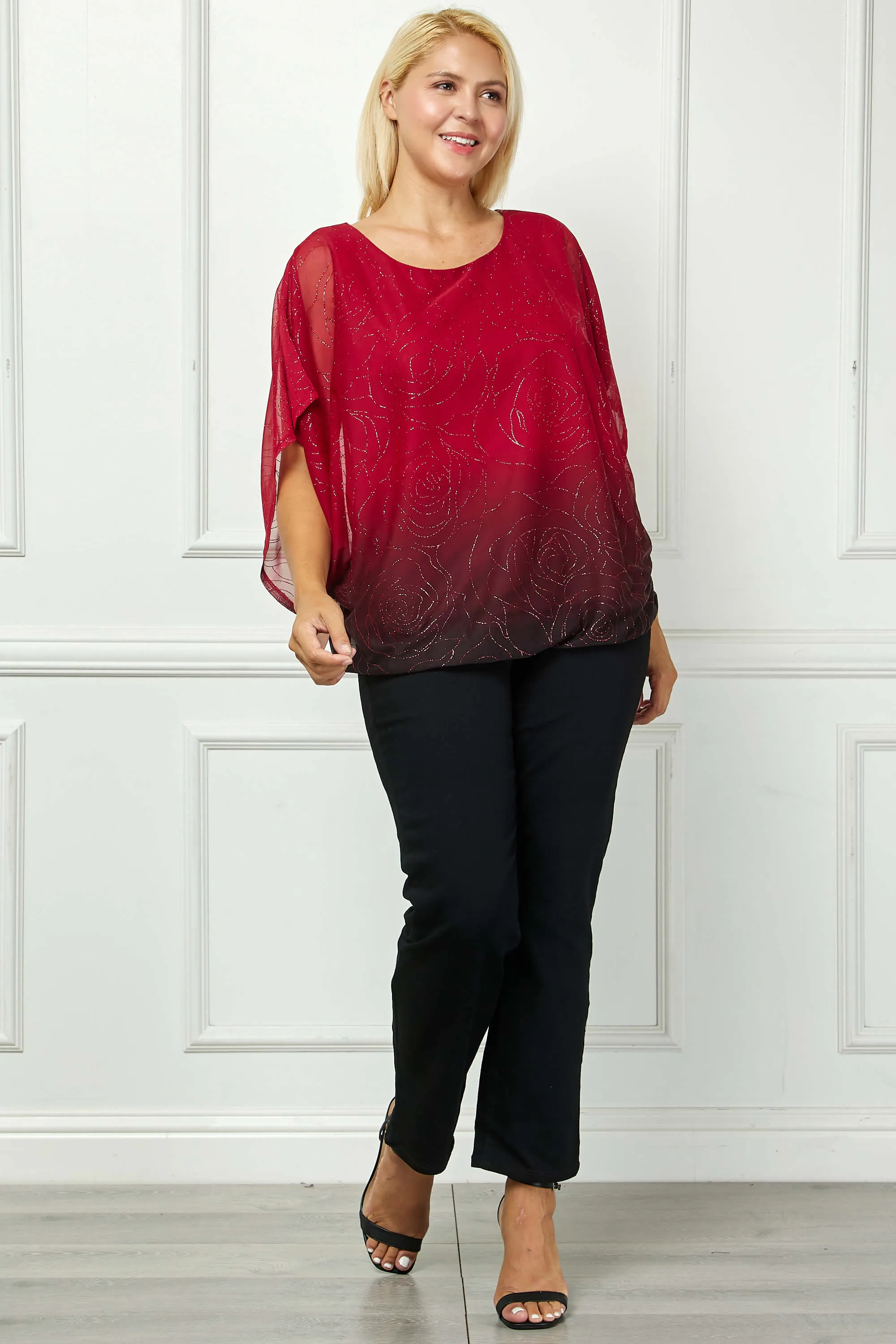 Elbow Sleeve Poncho Cutout Knot Back Bubble Blouse in Red - Plus sold by Dress Barn