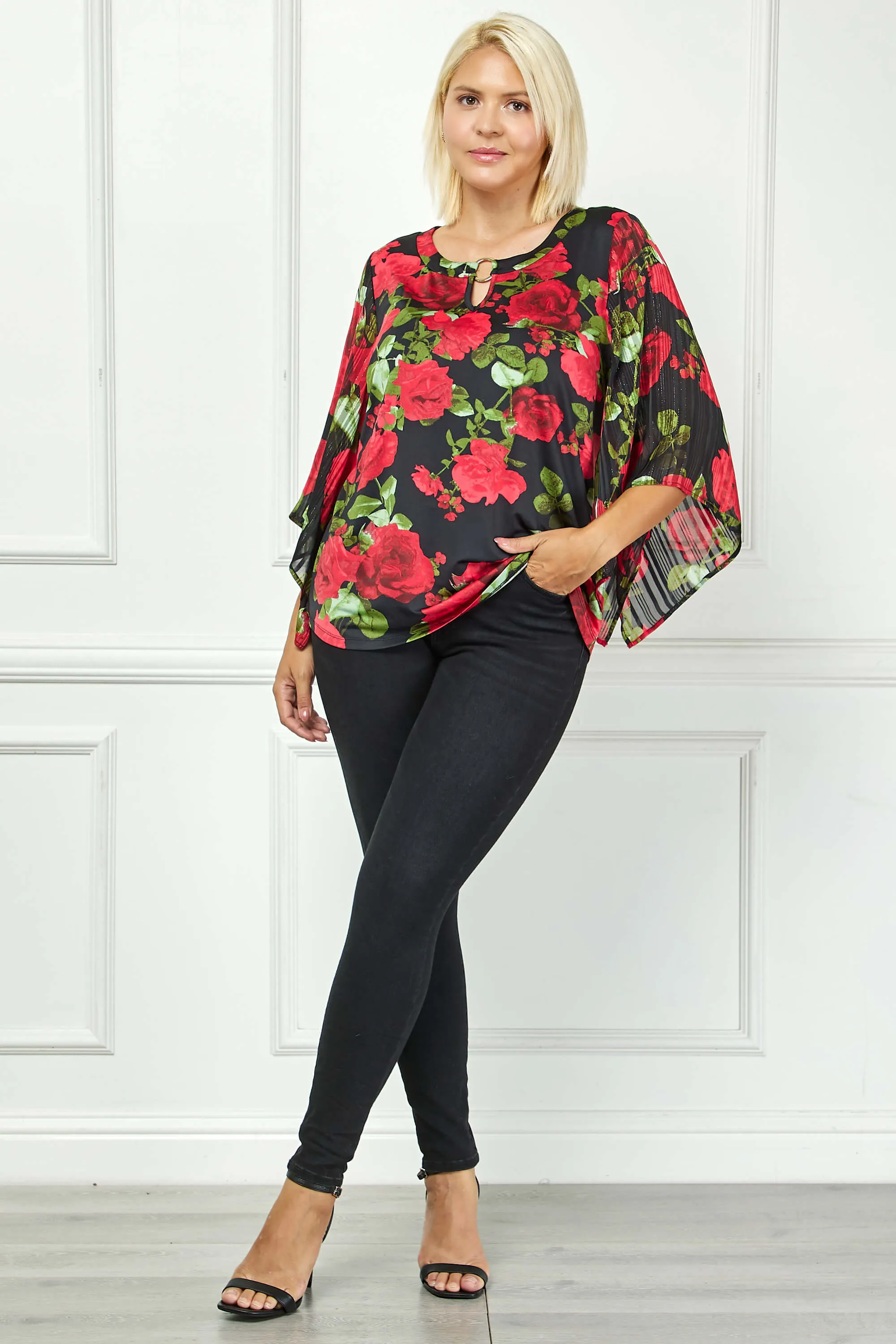 Kimono Sleeve Cutout Trim Mix Media Blouse in Black - Plus sold by Dress Barn