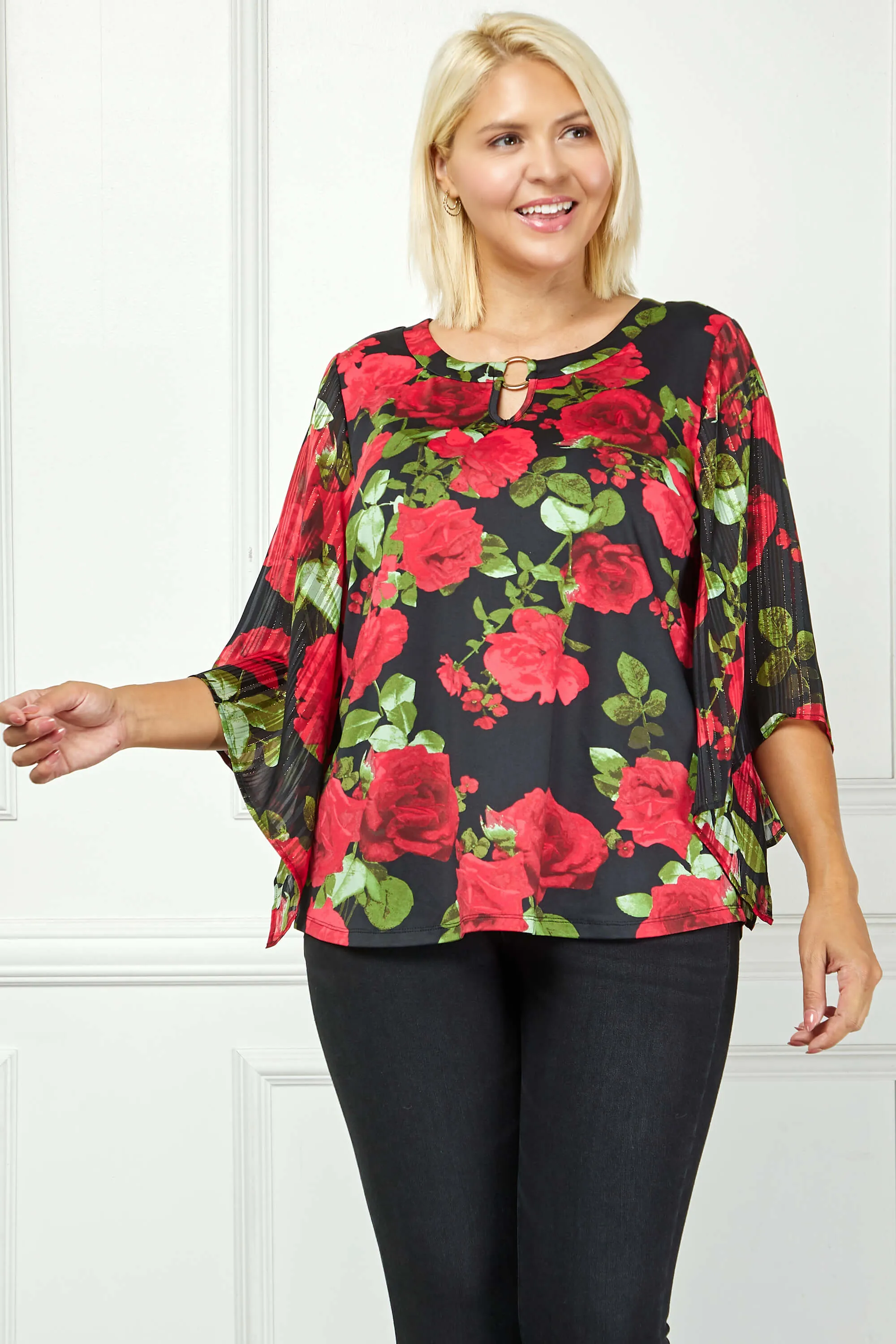 Kimono Sleeve Cutout Trim Mix Media Blouse in Black - Plus sold by Dress Barn product image thumbnail 2